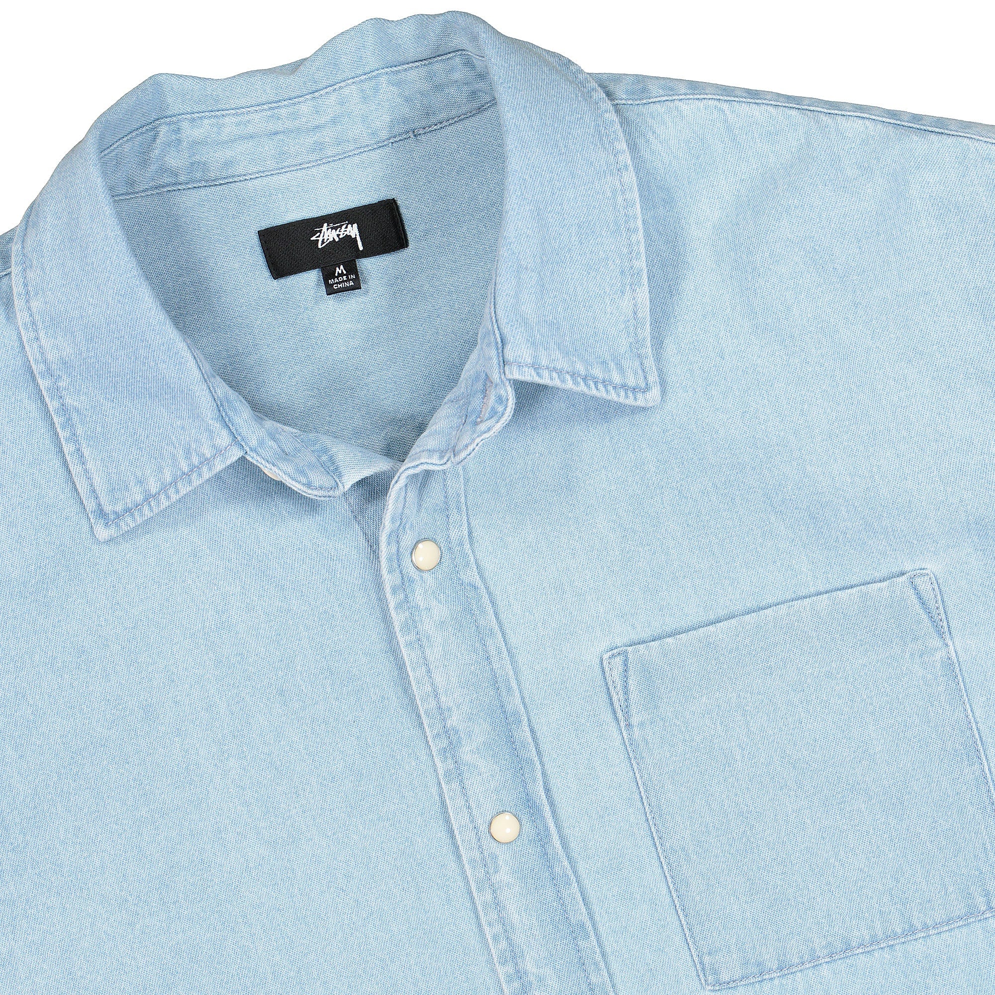 Stussy Flower Embroidered Denim Longsleeve Shirt Light Blue Shirts Close-up | Overkill
