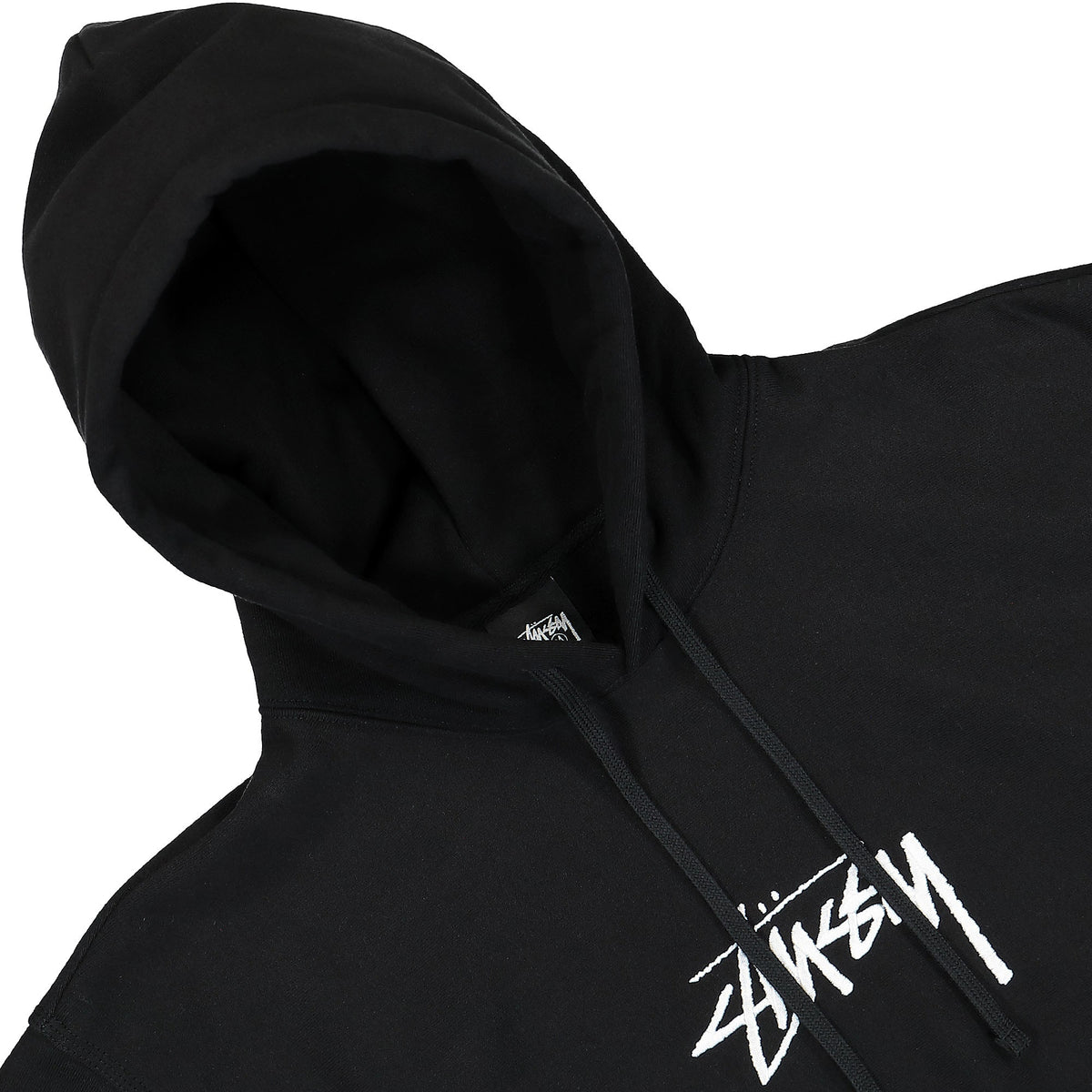 Stussy Stock Logo Applique Hood Black Hoodies Close-up | Overkill