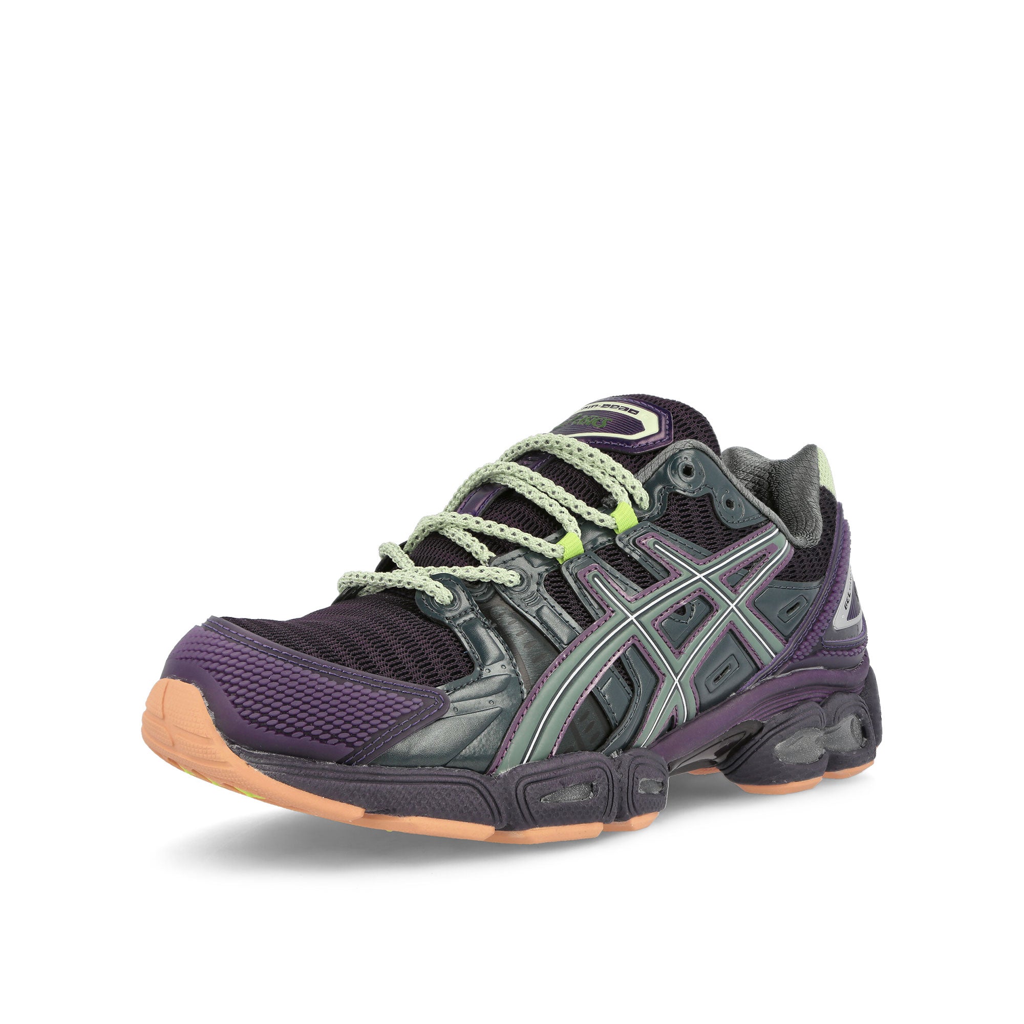 Asics Brain Dead x Asics Gel-Nimbus 9 Nightshade-Laurel Wreath Low Top Sneakers Close Up | Overkill