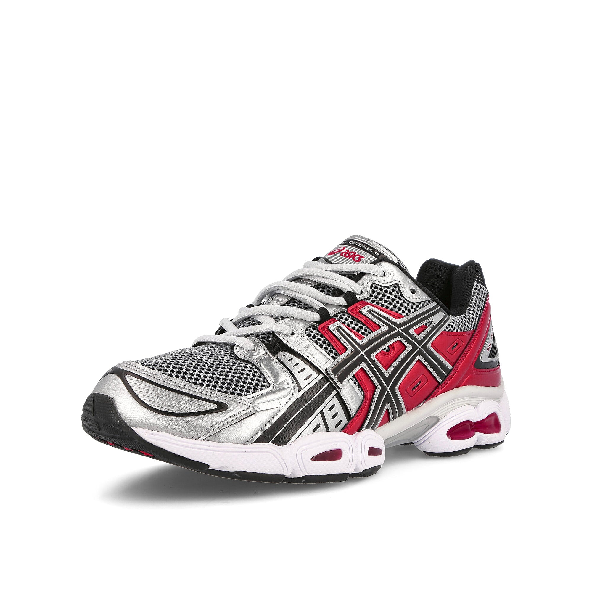 Asics gel-nimbus 9 Pure Silver / Classic Red Sneakers Close Up | Overkill