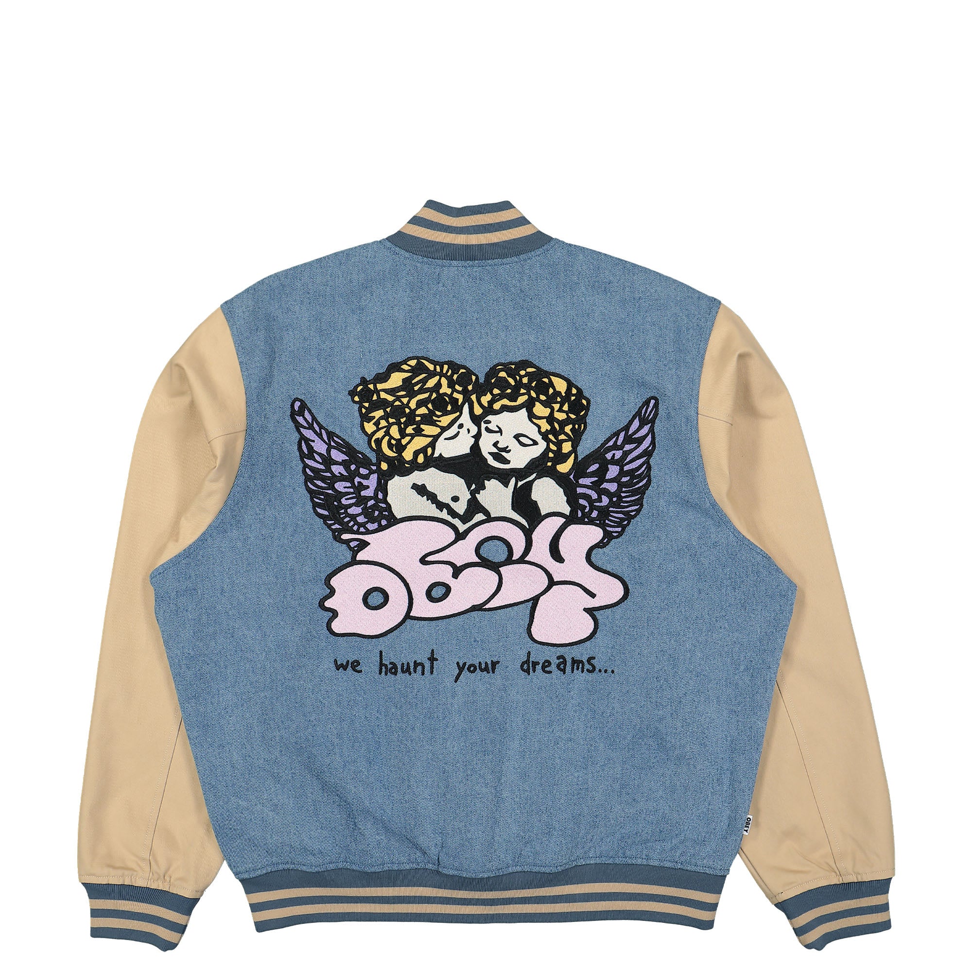 Obey Care Denim Varsity Jacket Light Indigo Multi Bomber & Varsity Jackets Close-up | Overkill