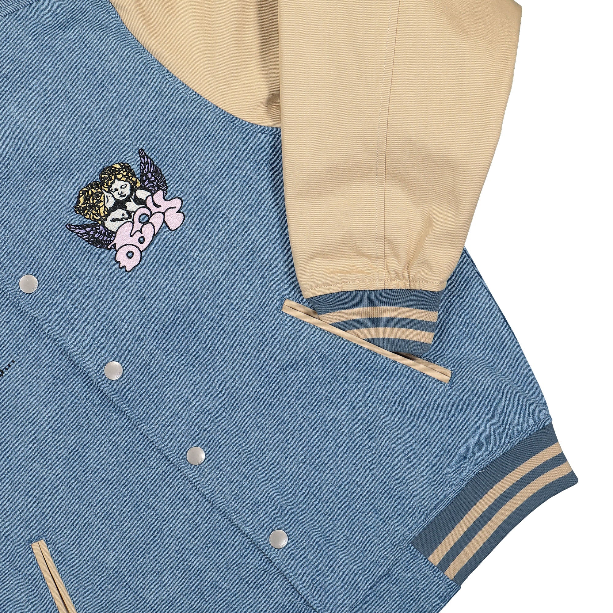 Obey Care Denim Varsity Jacket Light Indigo Multi Bomber & Varsity Jackets Detailfoto | Overkill