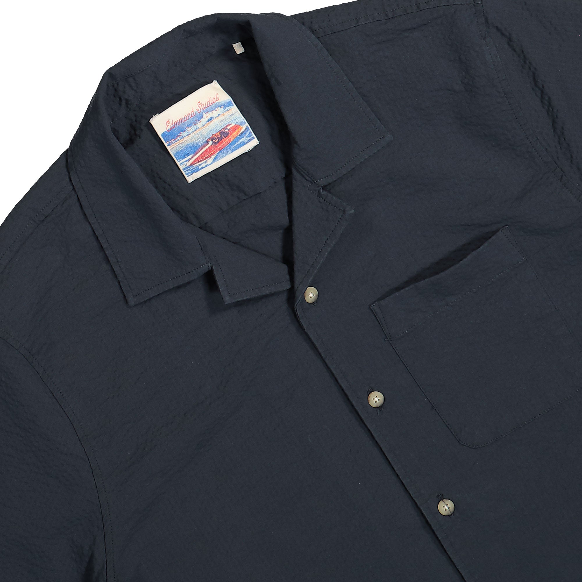 Edmmond Studios Seer Sucker Short Sleeve Plain Navy Shirts Close-up | Overkill