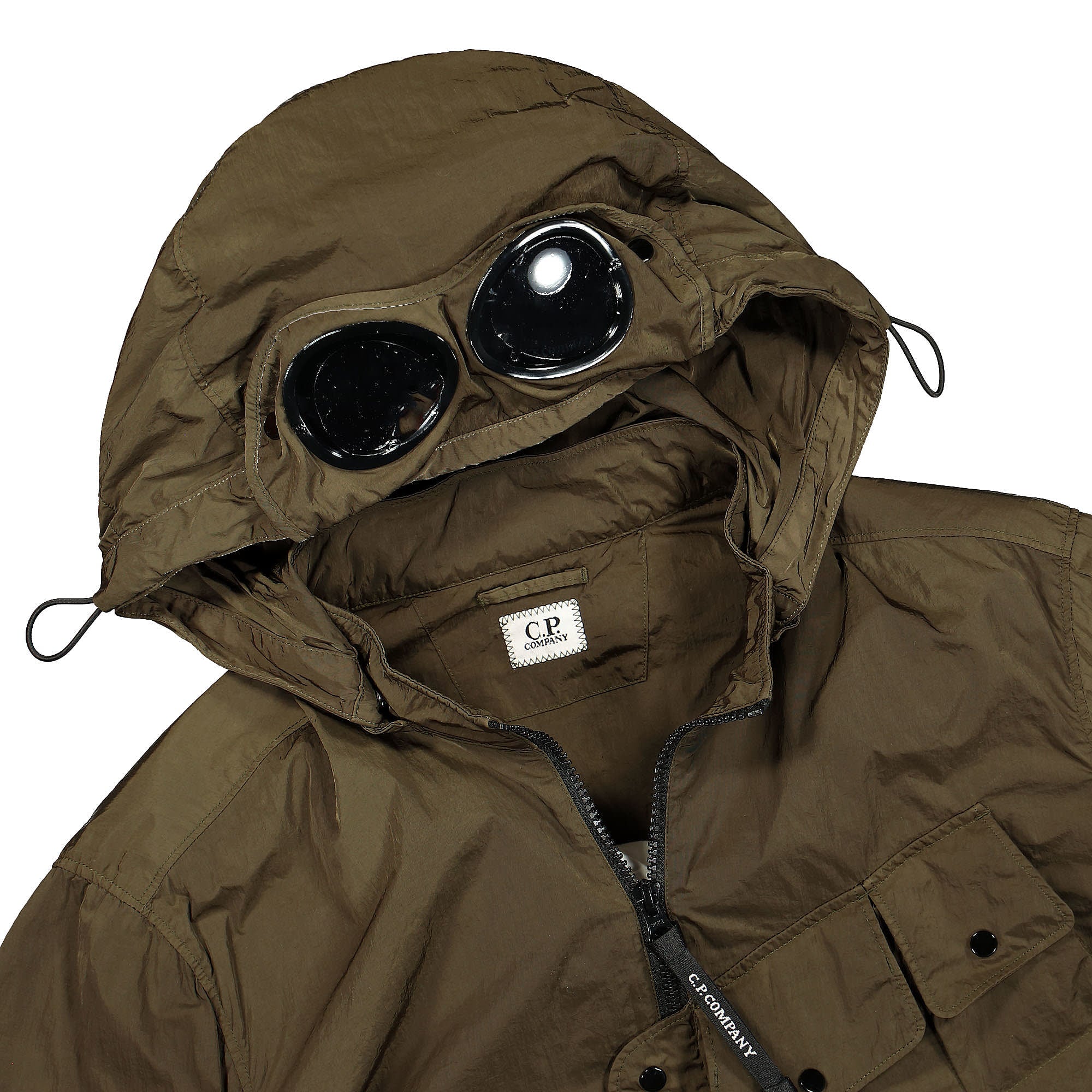 C.P. Company Chrome-R Detachable Goggle Hood Overshirt Ivy Green Windbreaker Close-up | Overkill