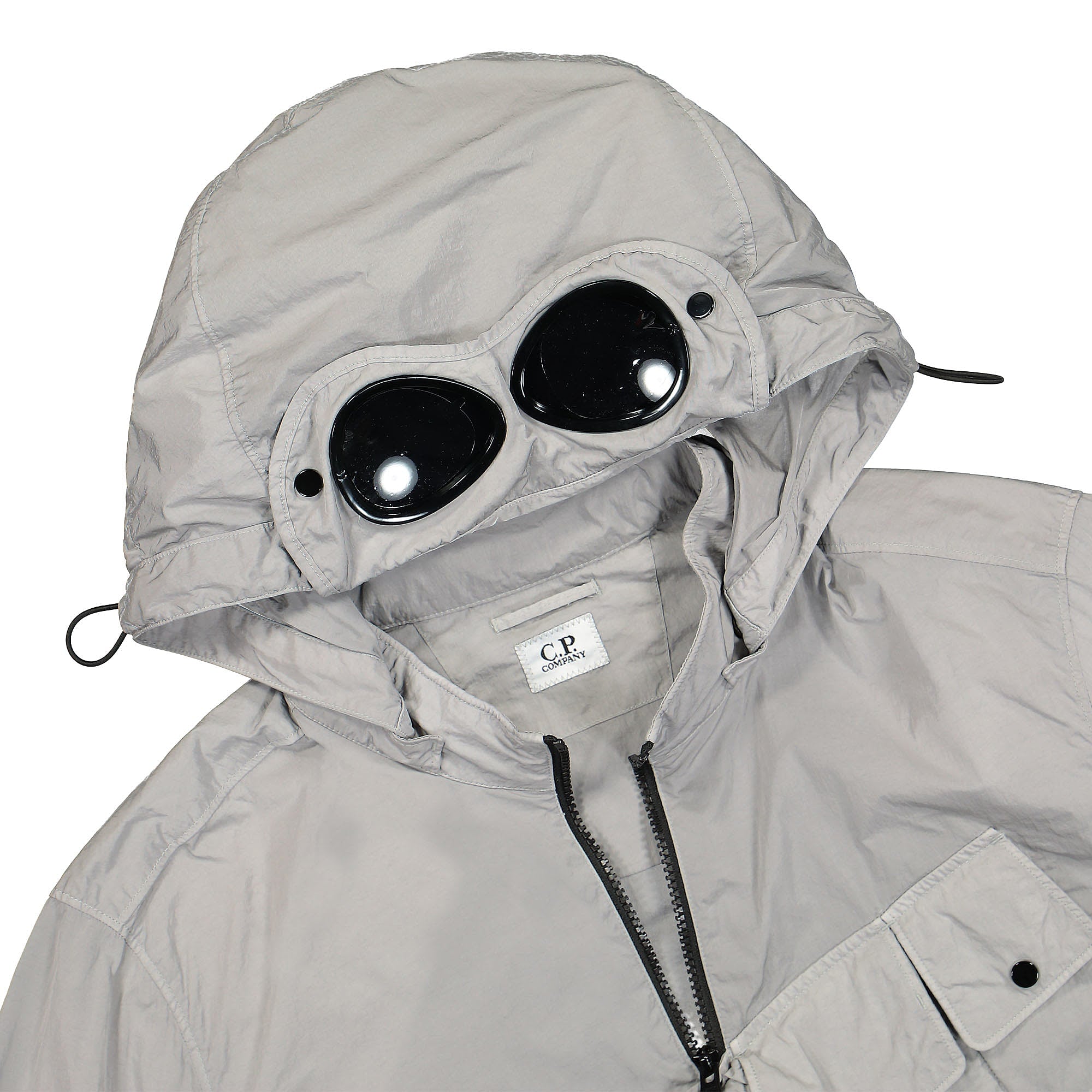 C.P. Company Chrome-R Detachable Goggle Hood Overshirt Griffin Grey Windbreaker Close-up | Overkill