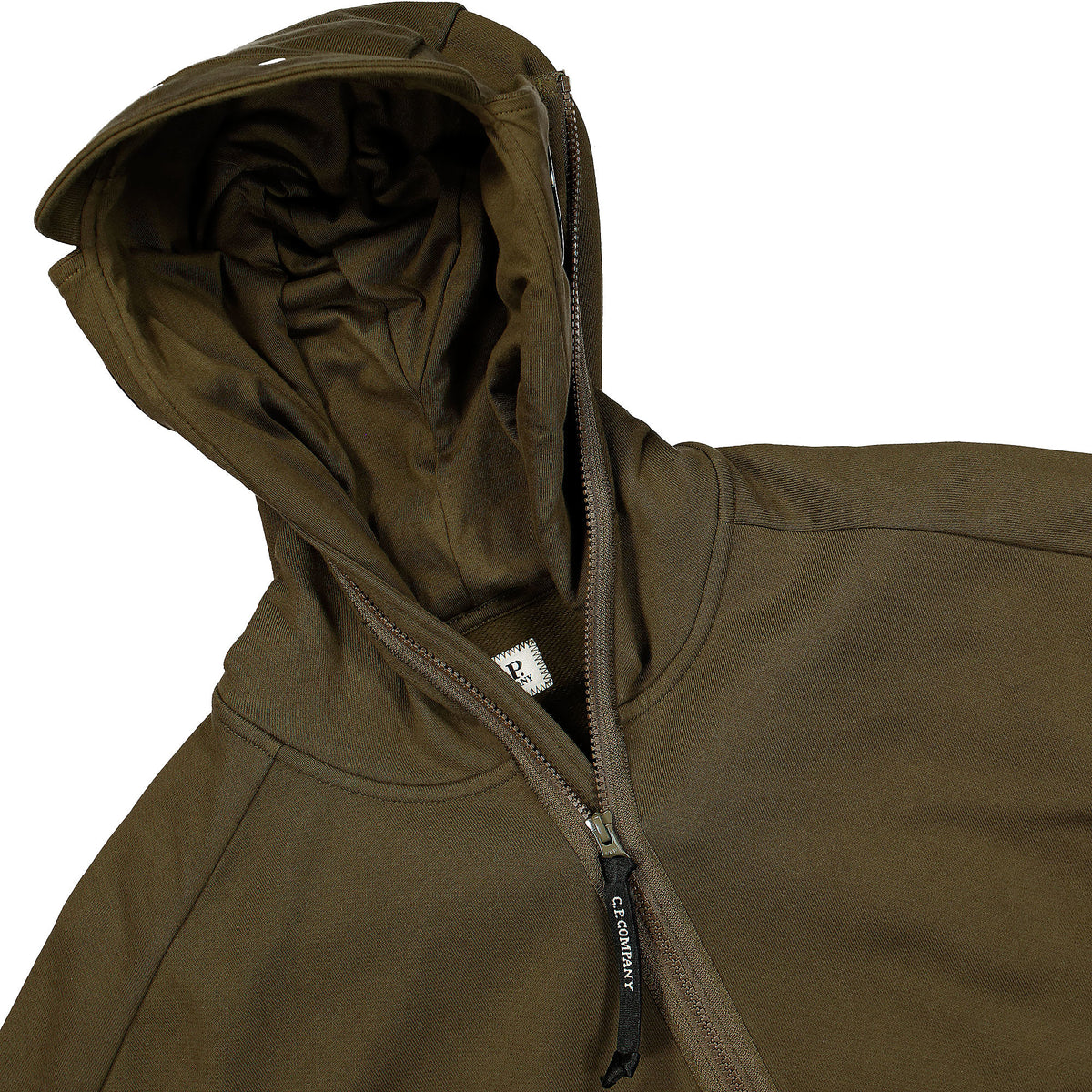 C.P. Company Diagonal Raised Fleece Split Goggle Hoodie Ivy Green Hoodies Close-up | Overkill