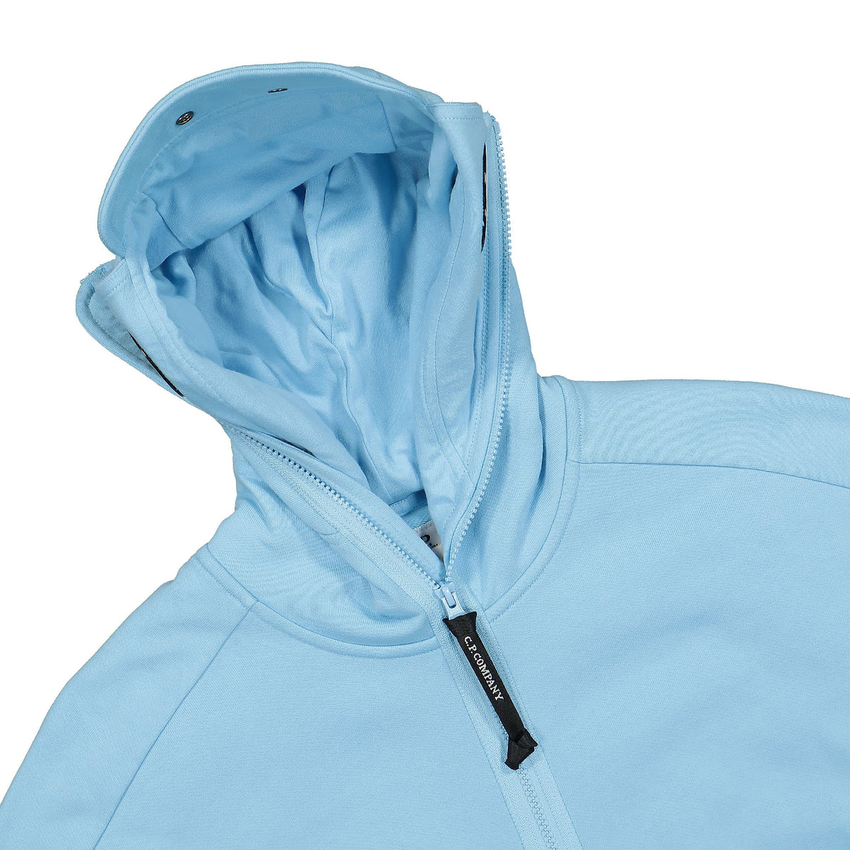 C.P. Company Diagonal Raised Fleece Split Goggle Hoodie Sky Blue Hoodies Close-up | Overkill