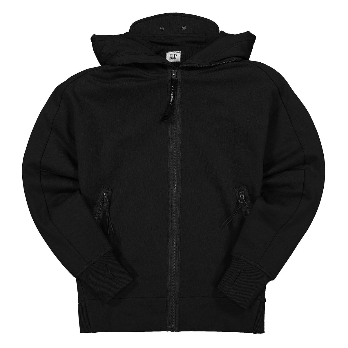 C.P. Company Diagonal Raised Fleece Split Goggle Hoodie Black Hoodies 12CMSS083A-005086W 999 | Overkill
