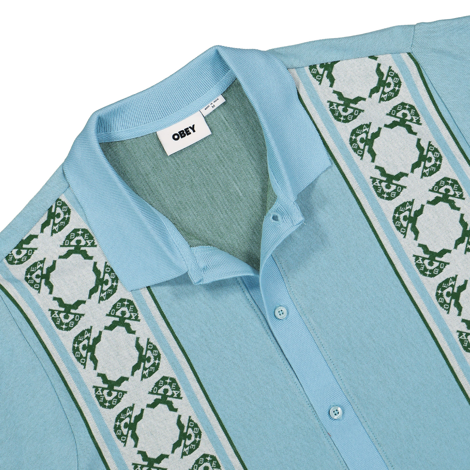 Obey Monument Button-Up Polo SS Sky Blue Multi Polo Shirts Close-up | Overkill