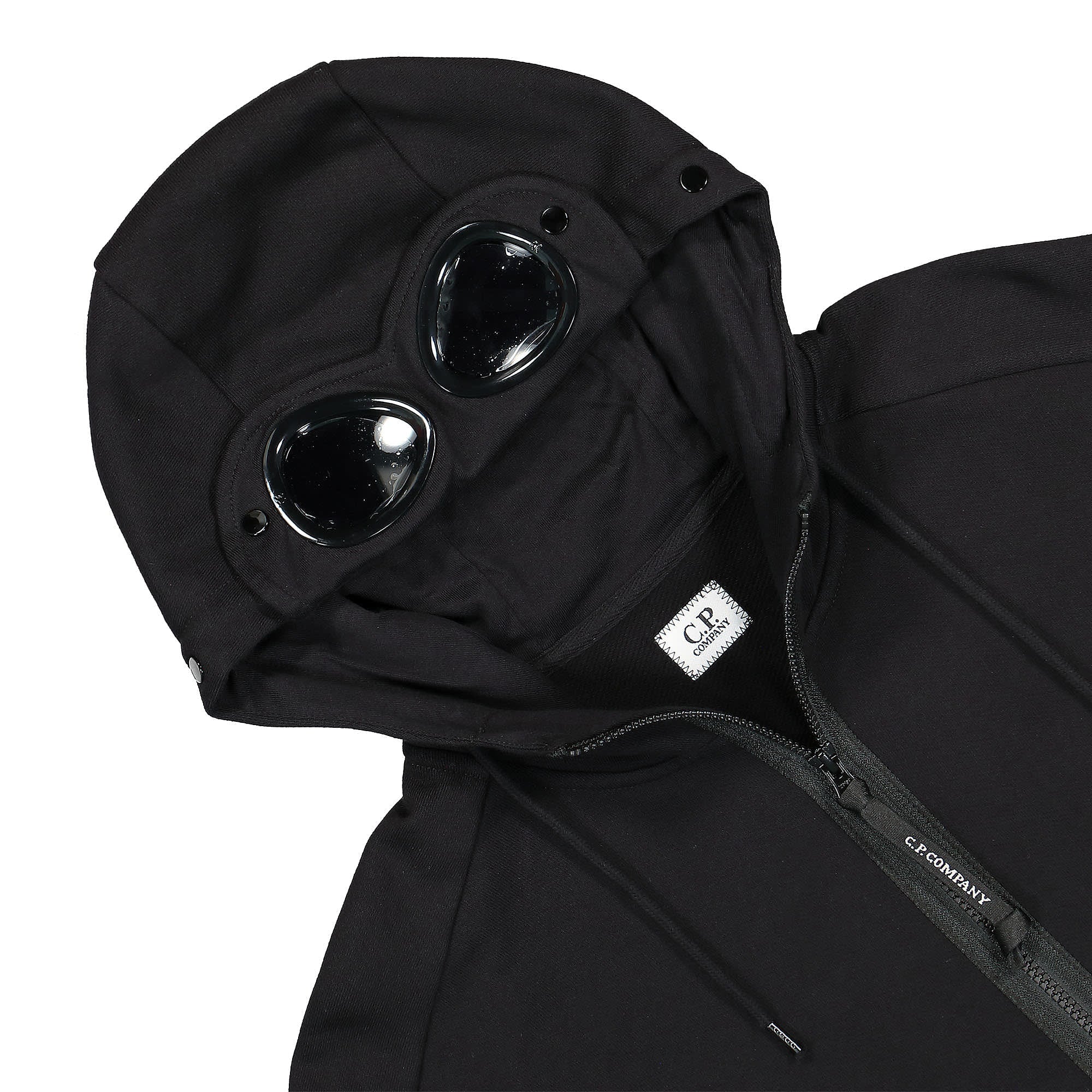 C.P. Company Diagonal Raised Fleece Goggle Hoodie Black Hoodies Close-up | Overkill