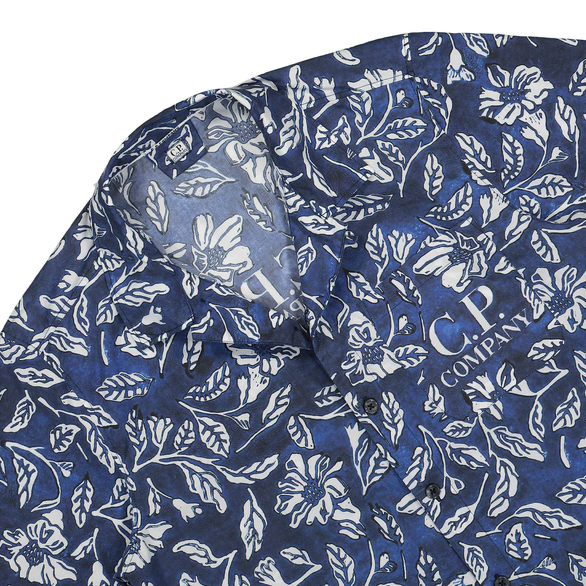 C.P. Company Popeline All-Over Flower Stamp Shirt Medieval Blue Shirts Close-up | Overkill