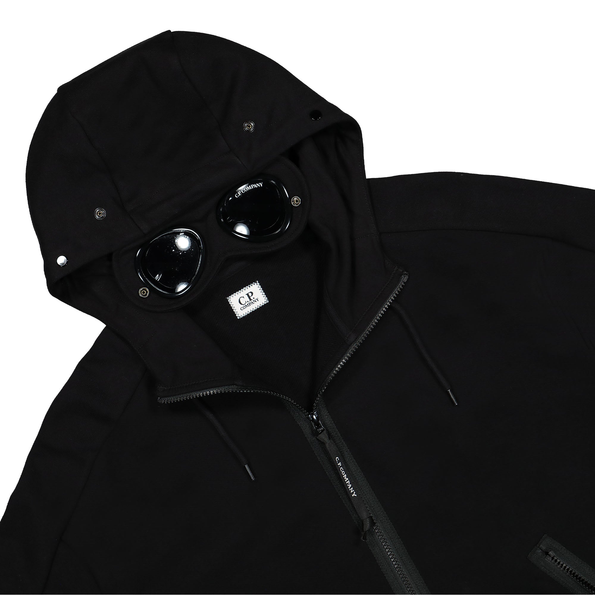 C.P. Company Diagonal Raised Fleece Goggle Zipped Hoodie Black Hoodies Close-up | Overkill