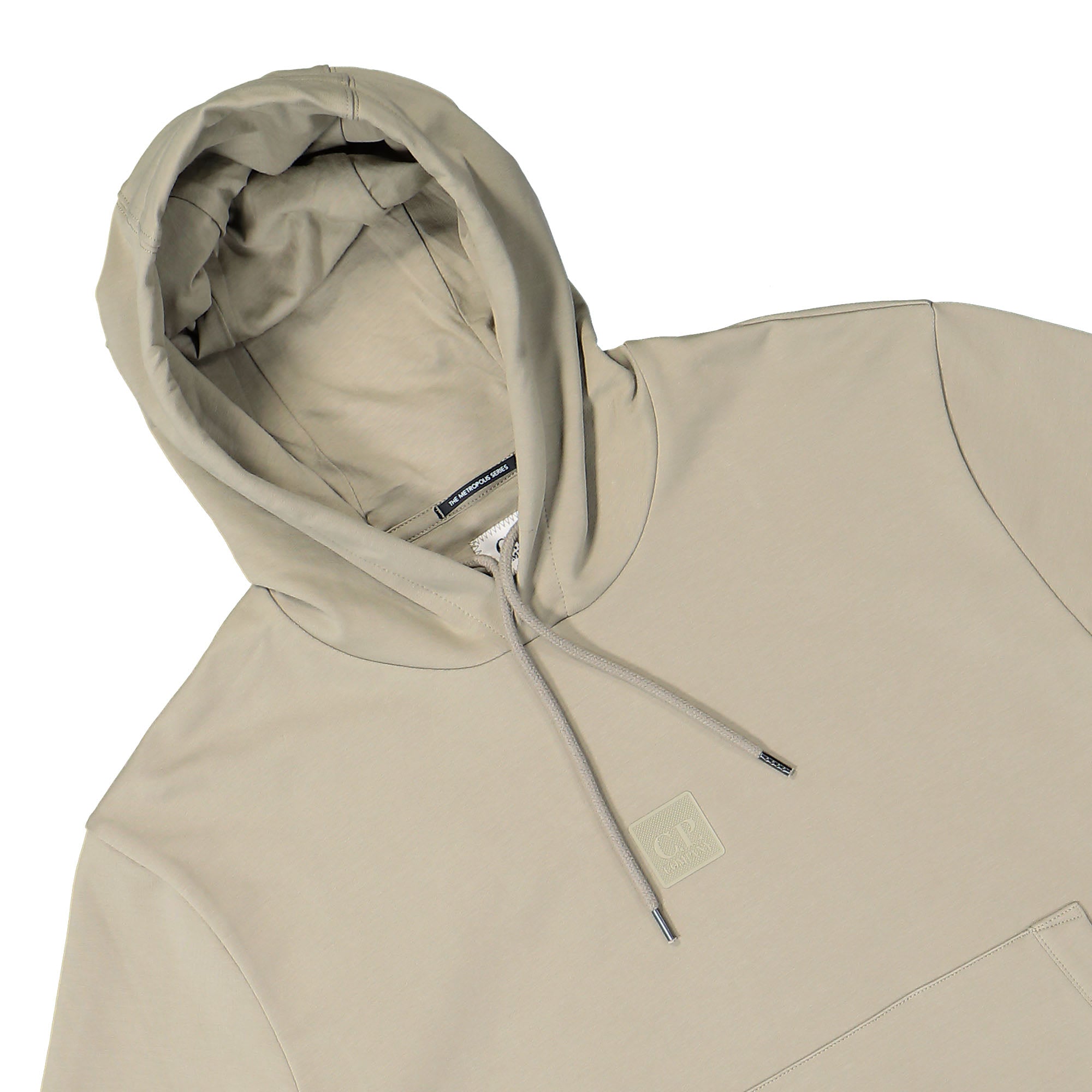 C.P. Company Metropolis Series Stretch Fleece Logo Hoodie Silver Sage Hoodies Close-up | Overkill