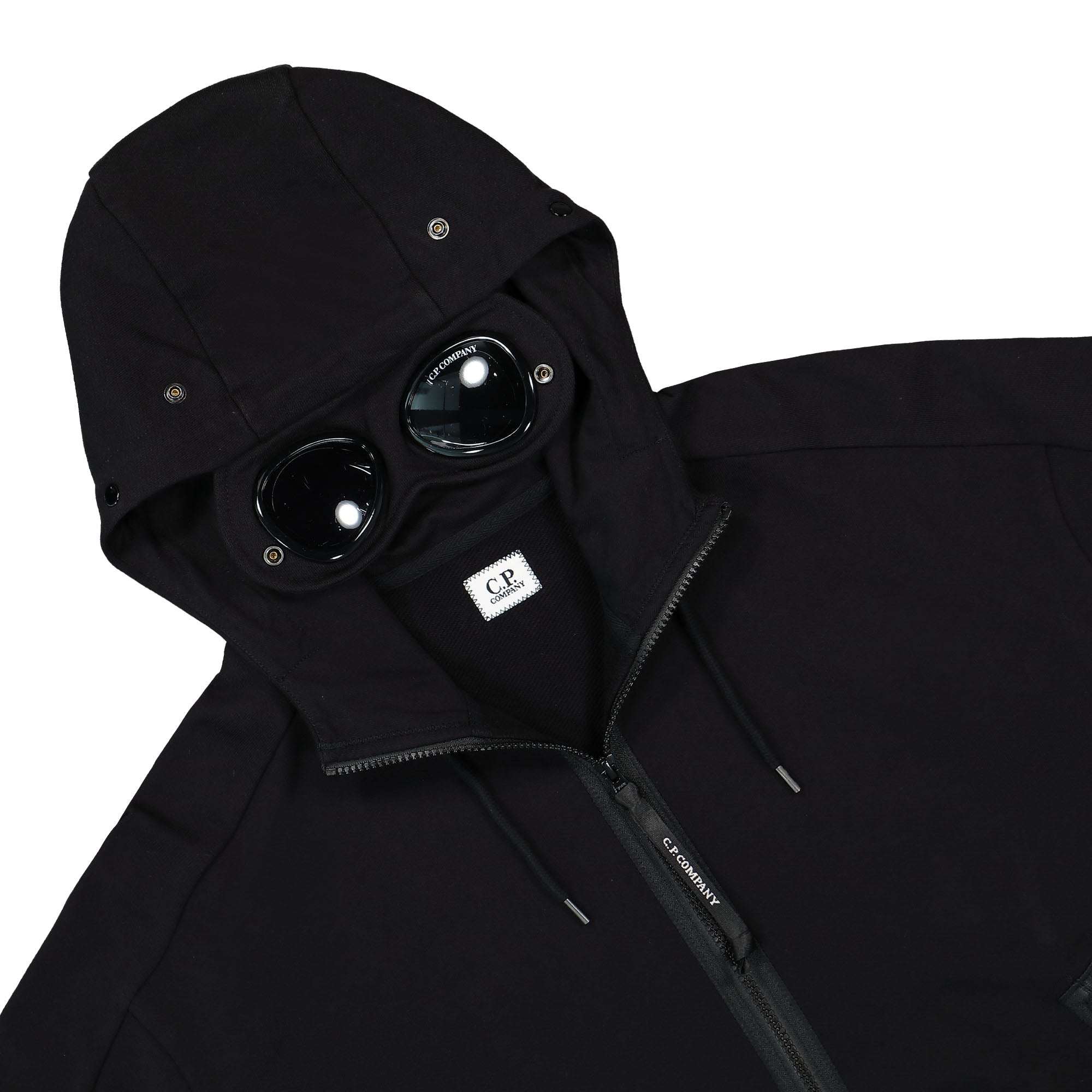 C.P. Company Diagonal Raised Fleece Google Hoodie Black Hoodies Close-up | Overkill