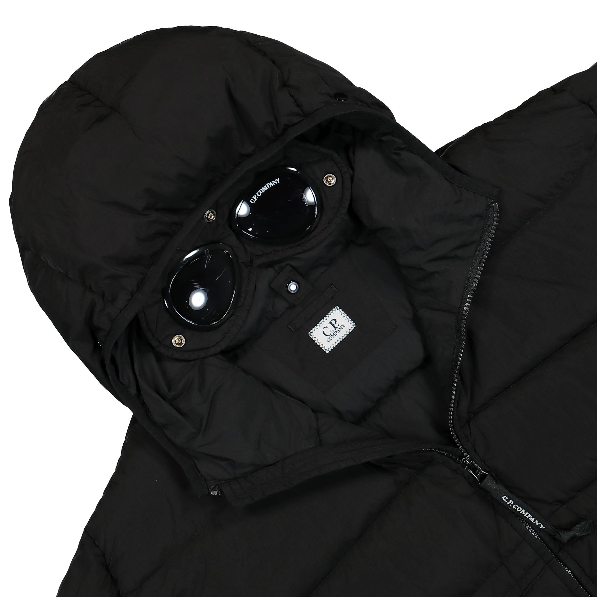 C.P. Company Chrome-R Goggle Down Jacket Black Puffer Jackets Close-up | Overkill