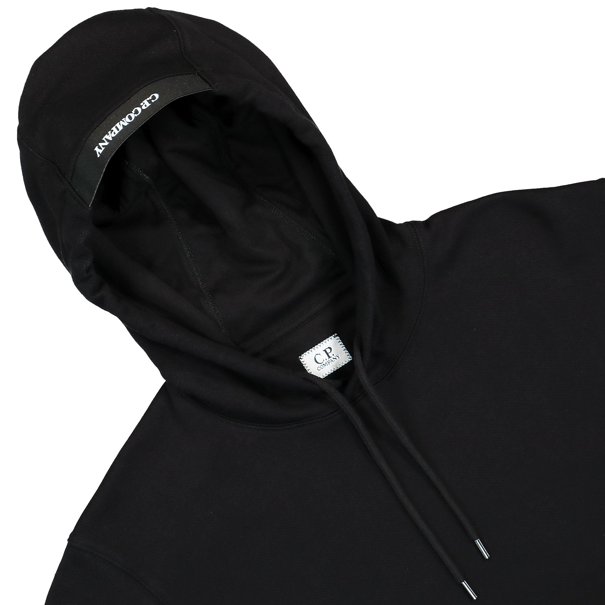 C.P. Company Diagonal Raised Fleece Lens Hooded Sweatshirt Black Hoodies Close-up | Overkill