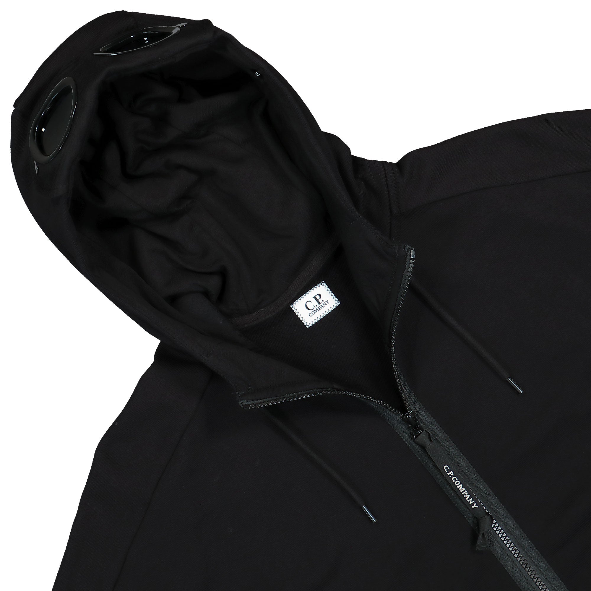 C.P. Company Diagonal Raised Fleece Goggle Zipped Hoodie Black Hoodies Close-up | Overkill