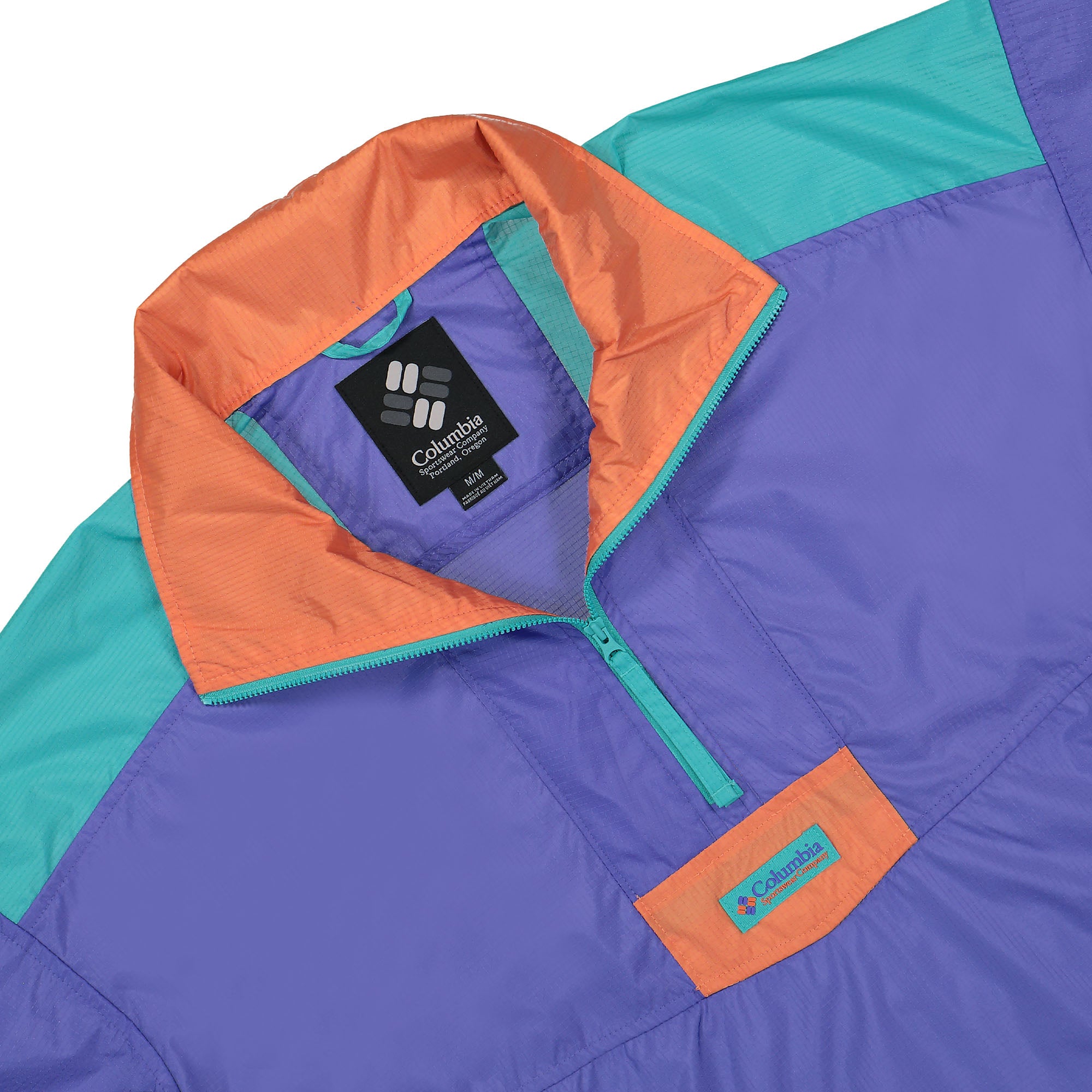 Columbia Riptide Anorak Purple Lotus / Bright Aqua / Desert Orange Windbreaker Close-up | Overkill