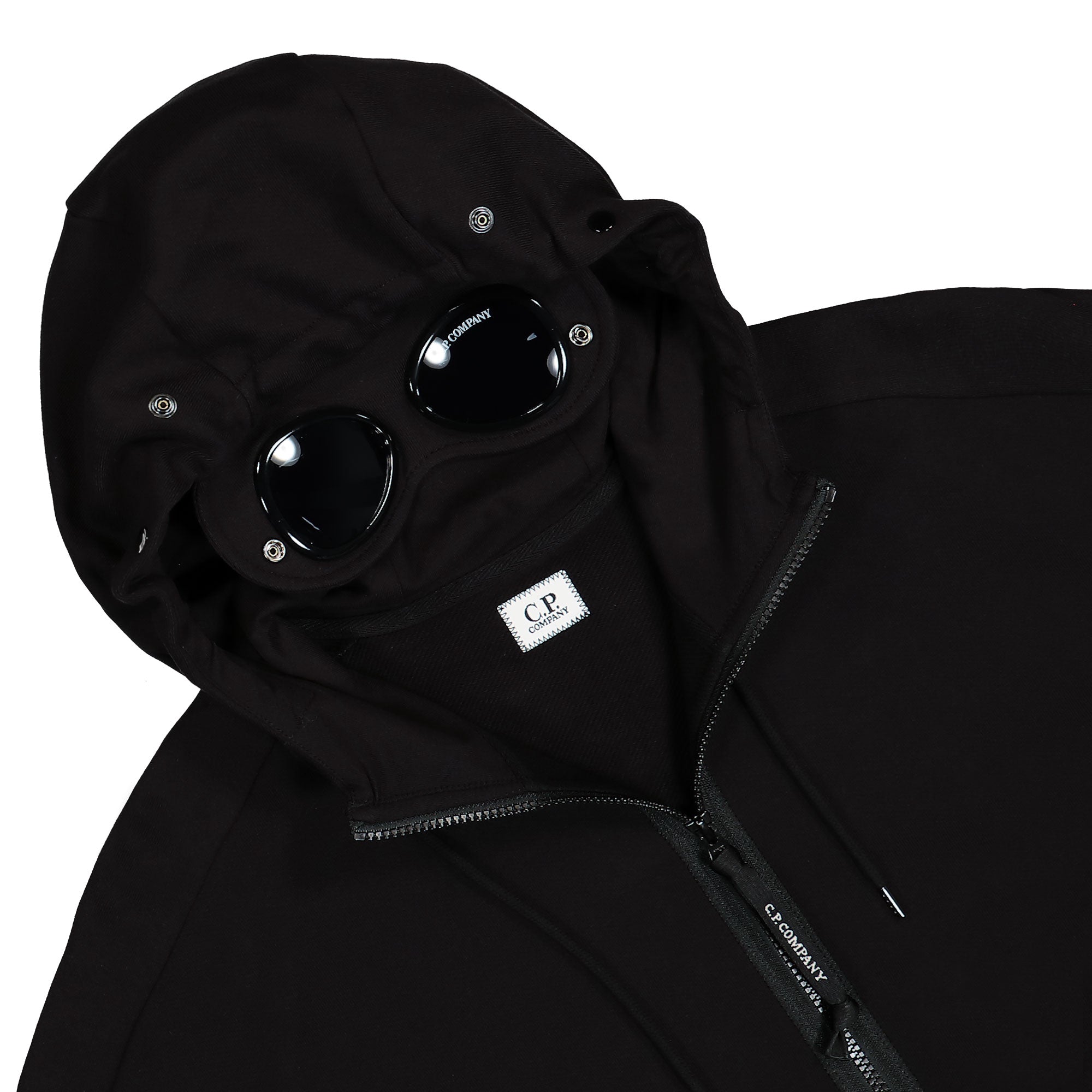 C.P. Company Diagonal Raised Fleece Goggle Zipped Hooded Sweatshirt Black Hoodies Close-up | Overkill