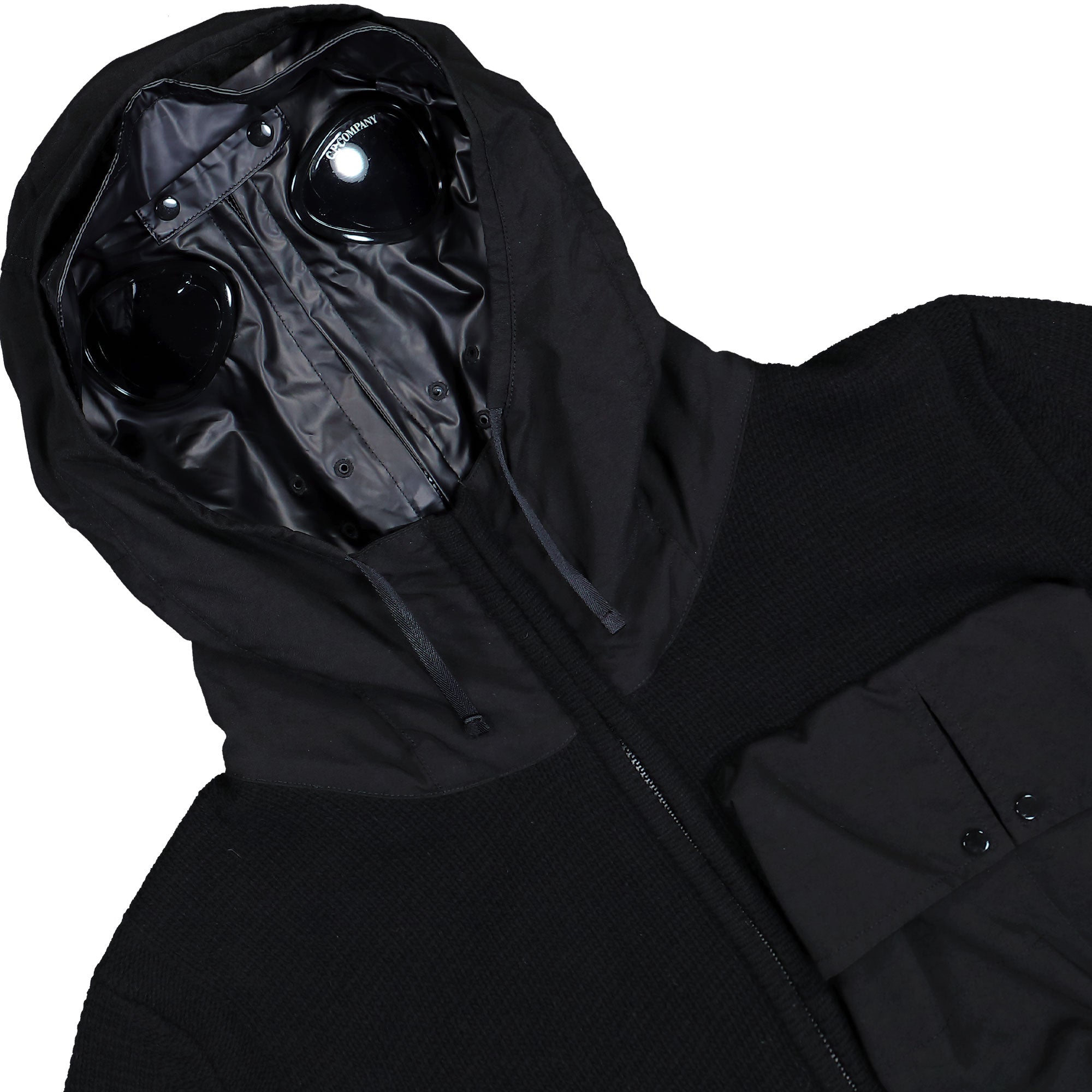 C.P. Company Lambswool Mixed Goggle Hood Cardigan Black Cardigan 19CMKN245A-110149M 999 Detail View 1 | Overkill