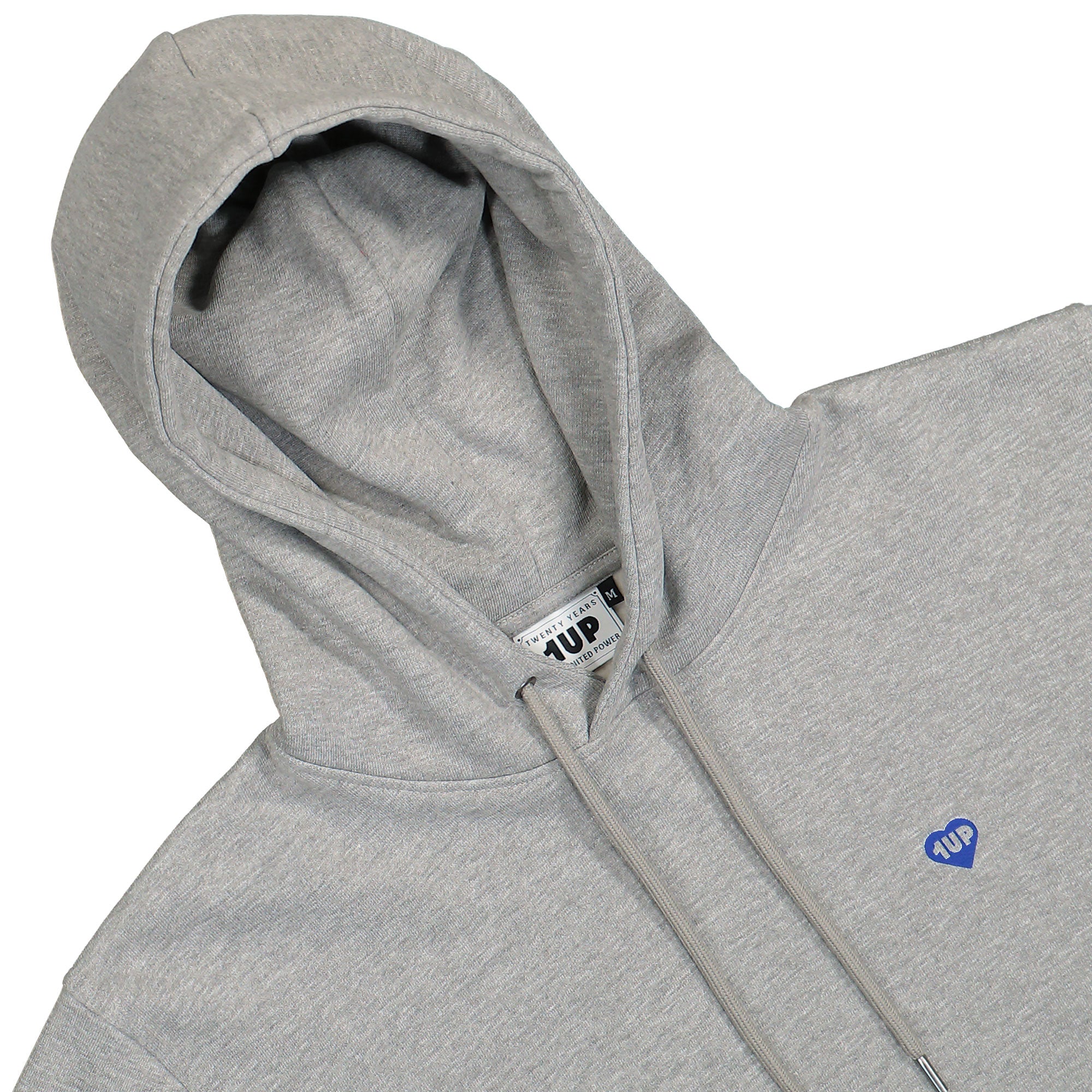 1UP Heart Hoodie Heather Gray Hoodies Close-up | Overkill