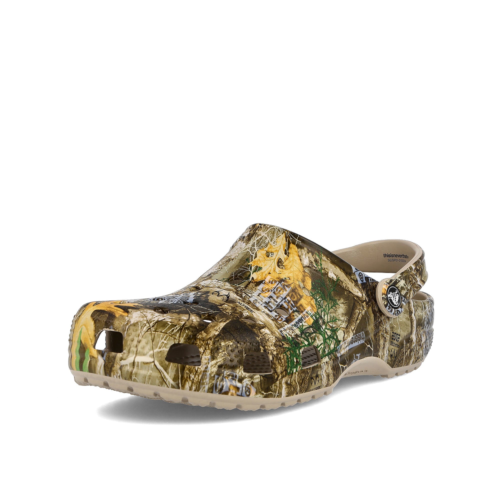 Crocs thisisneverthat x Realtree x Crocs Classic Clog Walnut Slides, Sandals & Slippers Close Up | Overkill