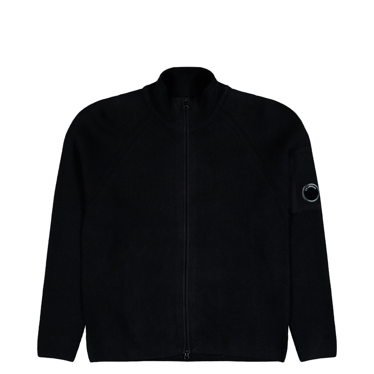 C.P. Company Waffle Knit Cotton Zip Lens Cardigan Black Cardigan 21CMKN058A-110754A 999 | Overkill