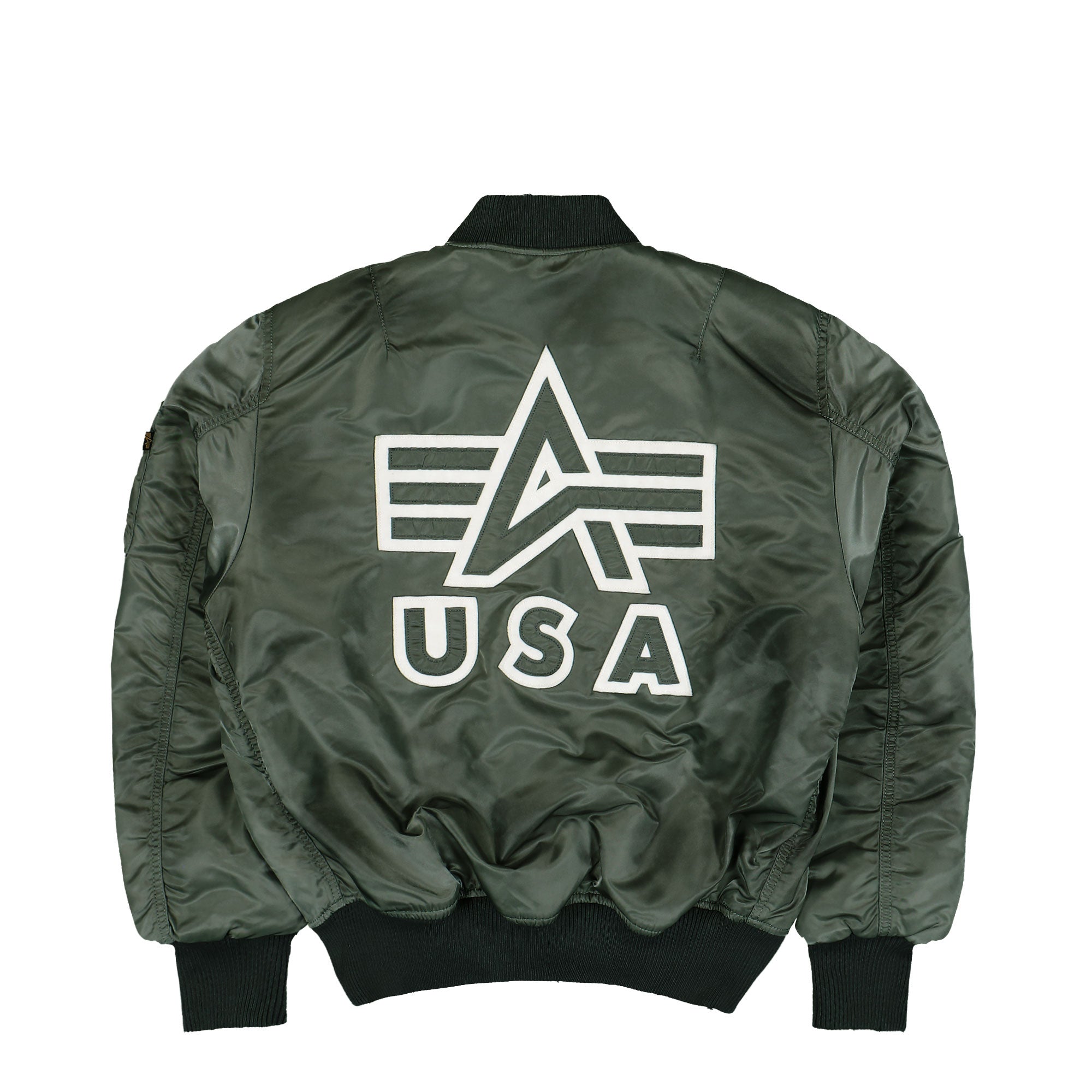 Alpha Industries MA-1 Distressed Bomber Jacket Vintage Green Bomber Jacket 258128-432 Close-up | Overkill