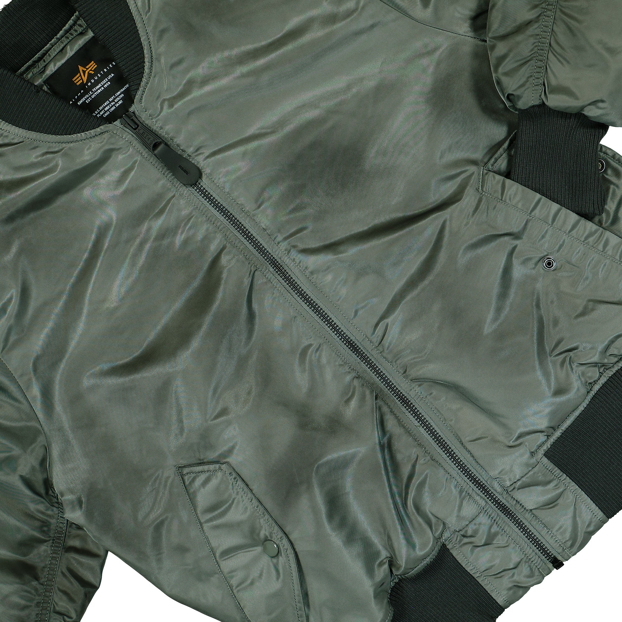 Alpha Industries MA-1 Distressed Bomber Jacket Vintage Green Bomber Jacket 258128-432 Detail View 1 | Overkill