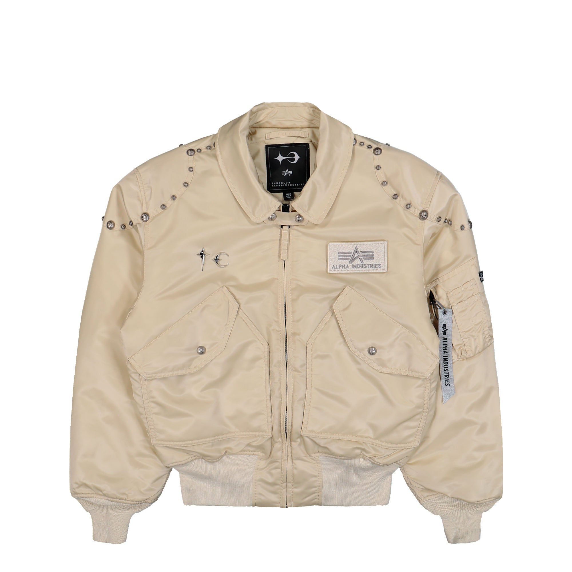 Thug Club x Alpha Industries CWU-45P Rivet Edition Vintage White Bomber & Varsity Jackets 258150-300 | Overkill