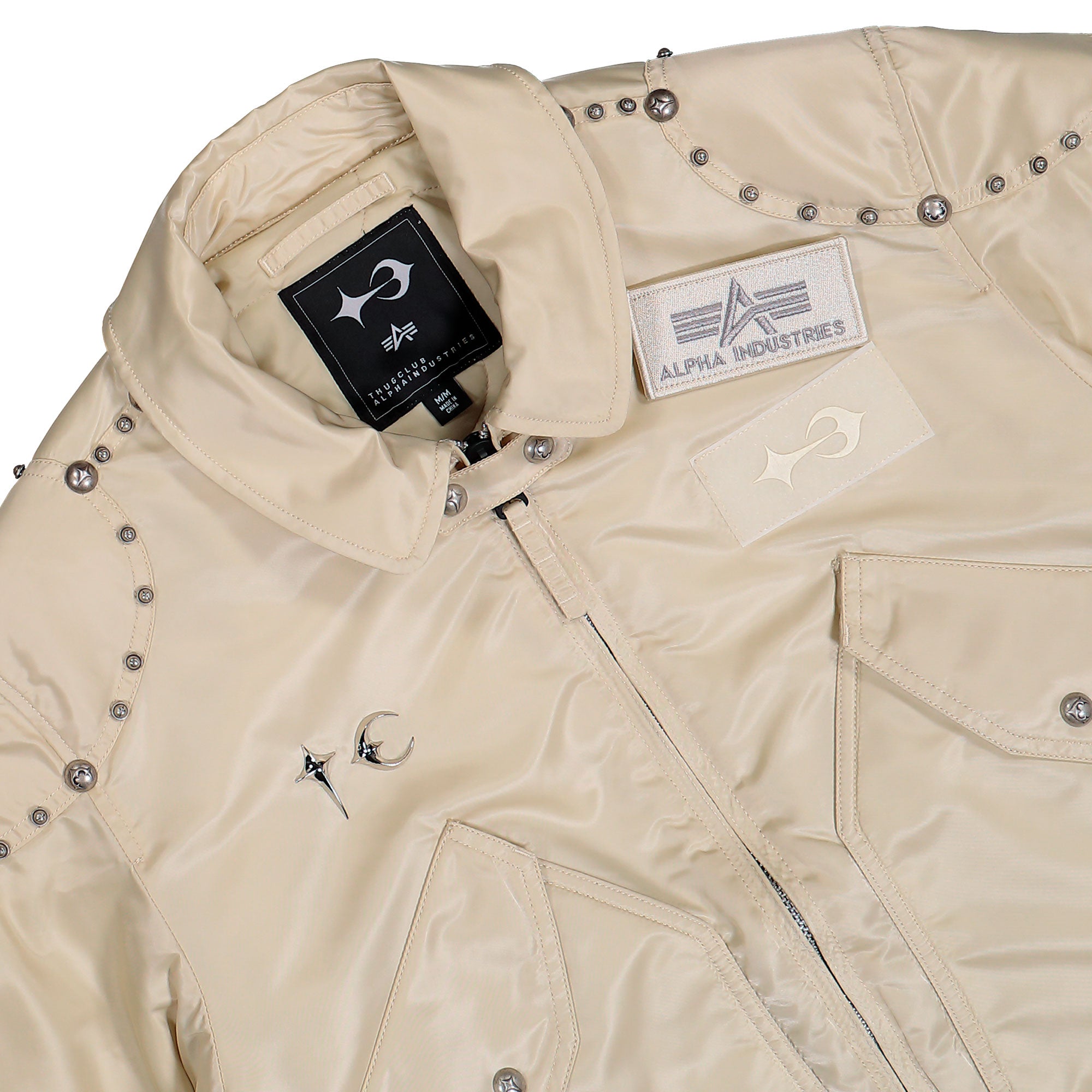 Thug Club x Alpha Industries CWU-45P Rivet Edition Vintage White Bomber & Varsity Jackets 258150-300 Detail View 1 | Overkill