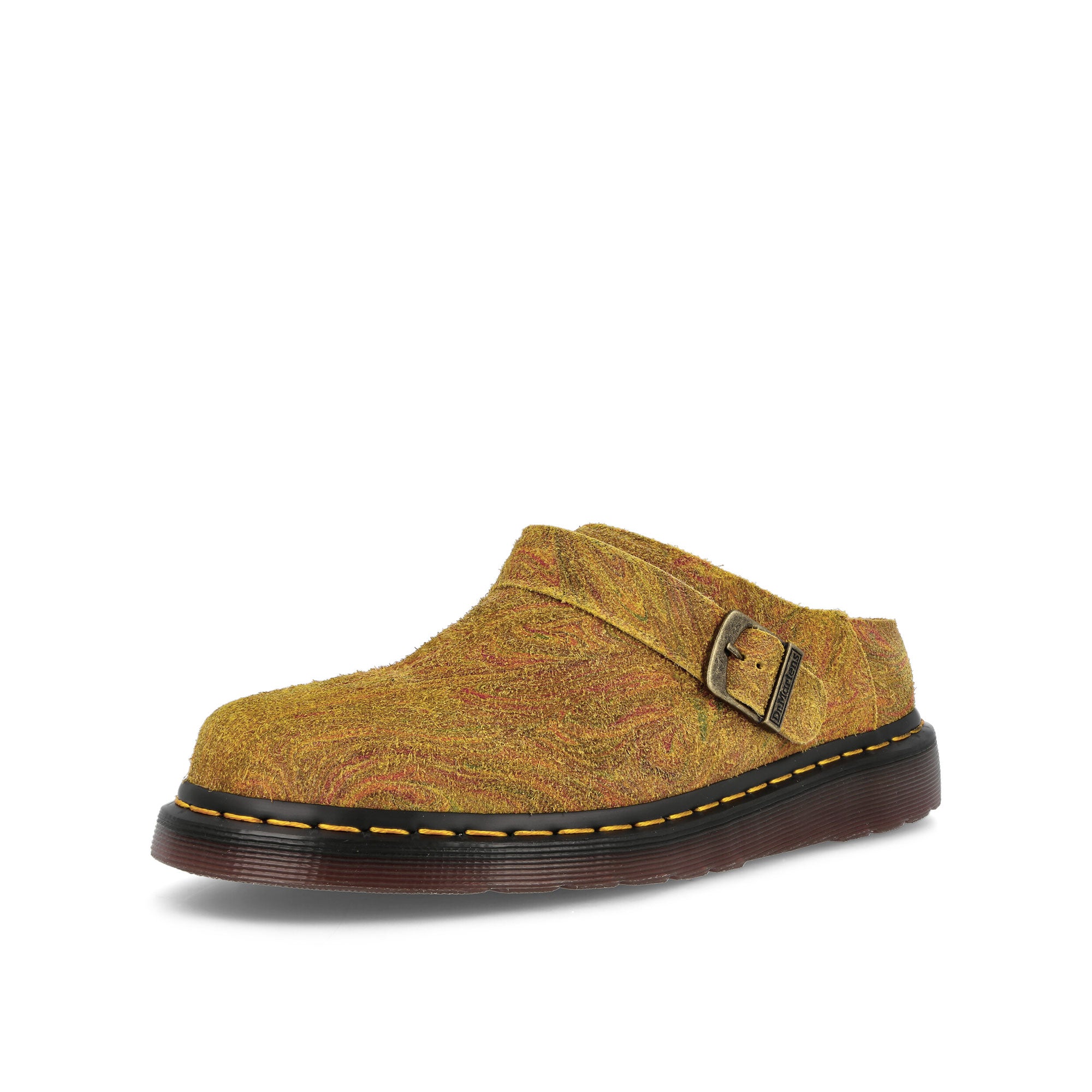 Dr. Martens Isham Marbled Slingback Mules Brown-Mustard Marbled Hairy Suede Slides, Sandals & Slippers Close Up | Overkill