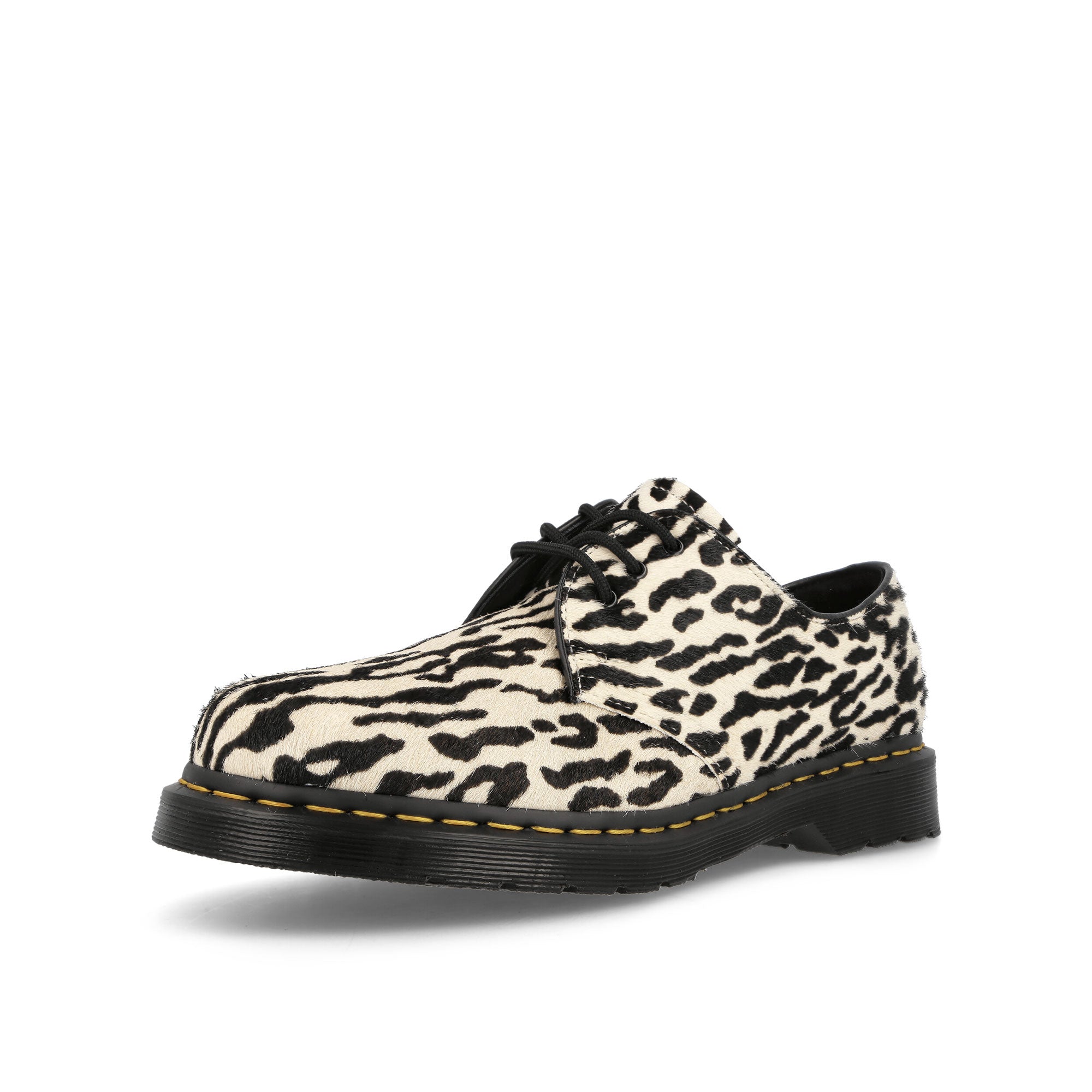 Dr. Martens 1461 Black + White Tiger Camo Hair On Loafers & Lace ups Close Up | Overkill