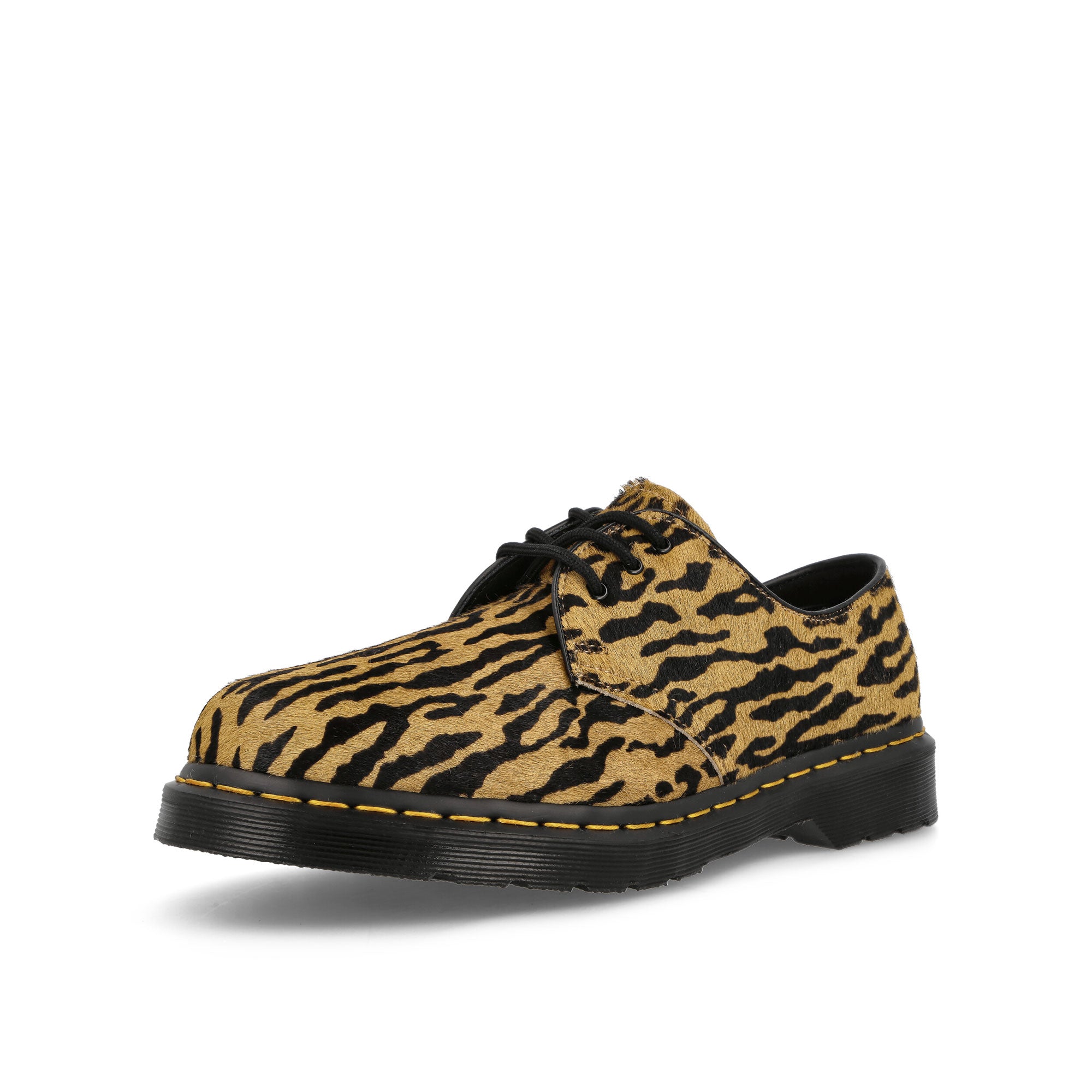 Dr. Martens Wacko Maria x Dr. Martens 1461 Camel + Black Tiger Camo Hair On Loafers & Lace ups Close Up | Overkill