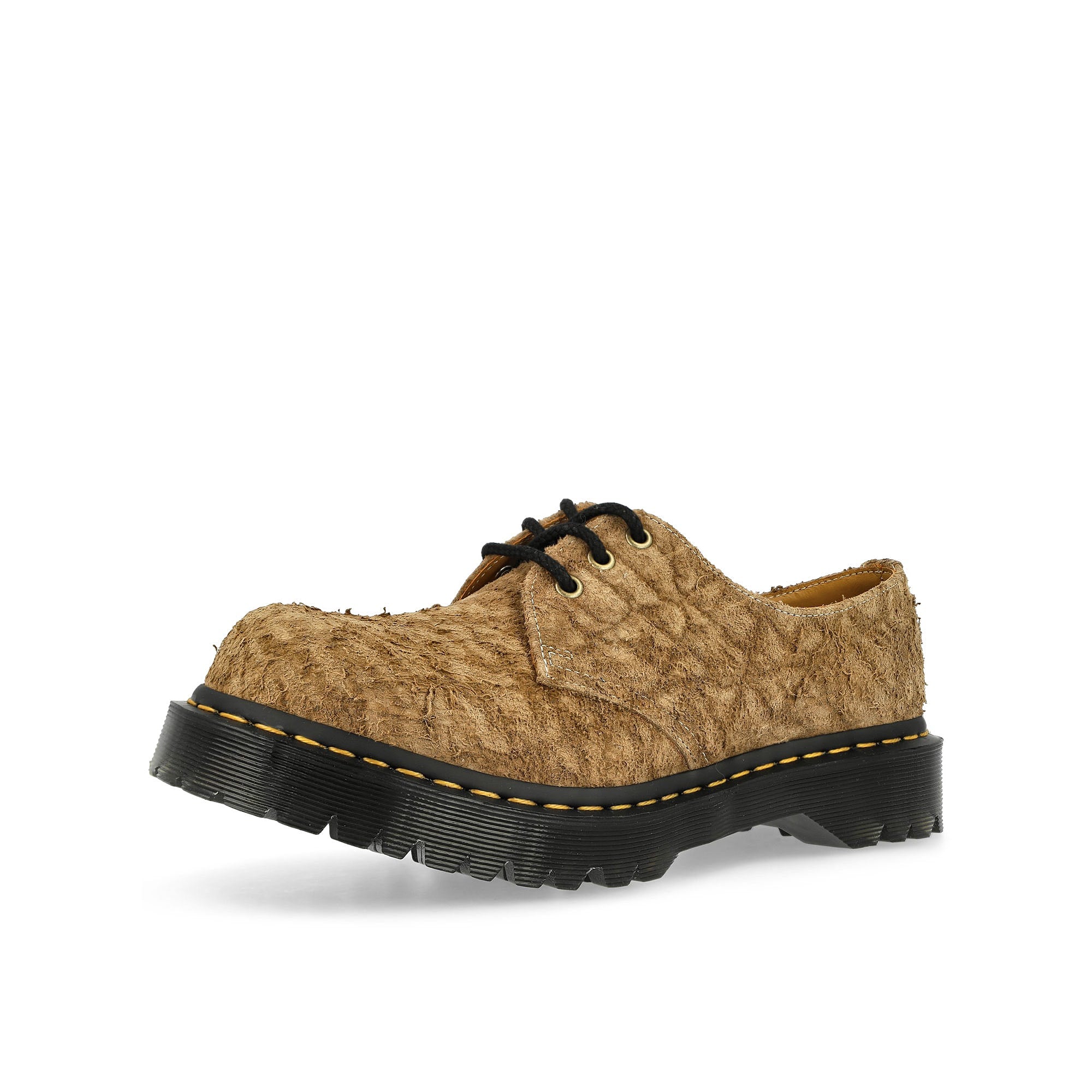 Dr. Martens 1461 Bex Emboss Suede Oxford Shoes Savannah Tan Heavy Emboss Hairy Suede Loafers & Lace ups Close Up | Overkill