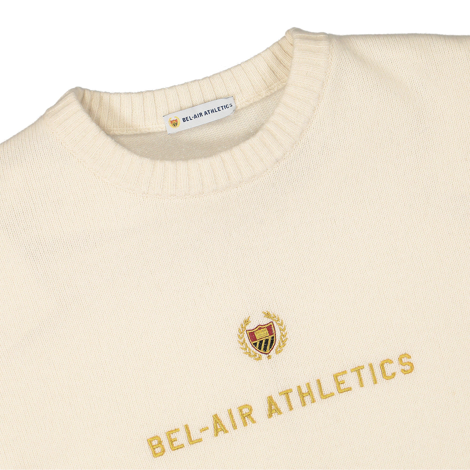 Bel-Air Athletics Academy Knit Embroidered Logo Sweater Notebook White Sweatshirts Close-up | Overkill