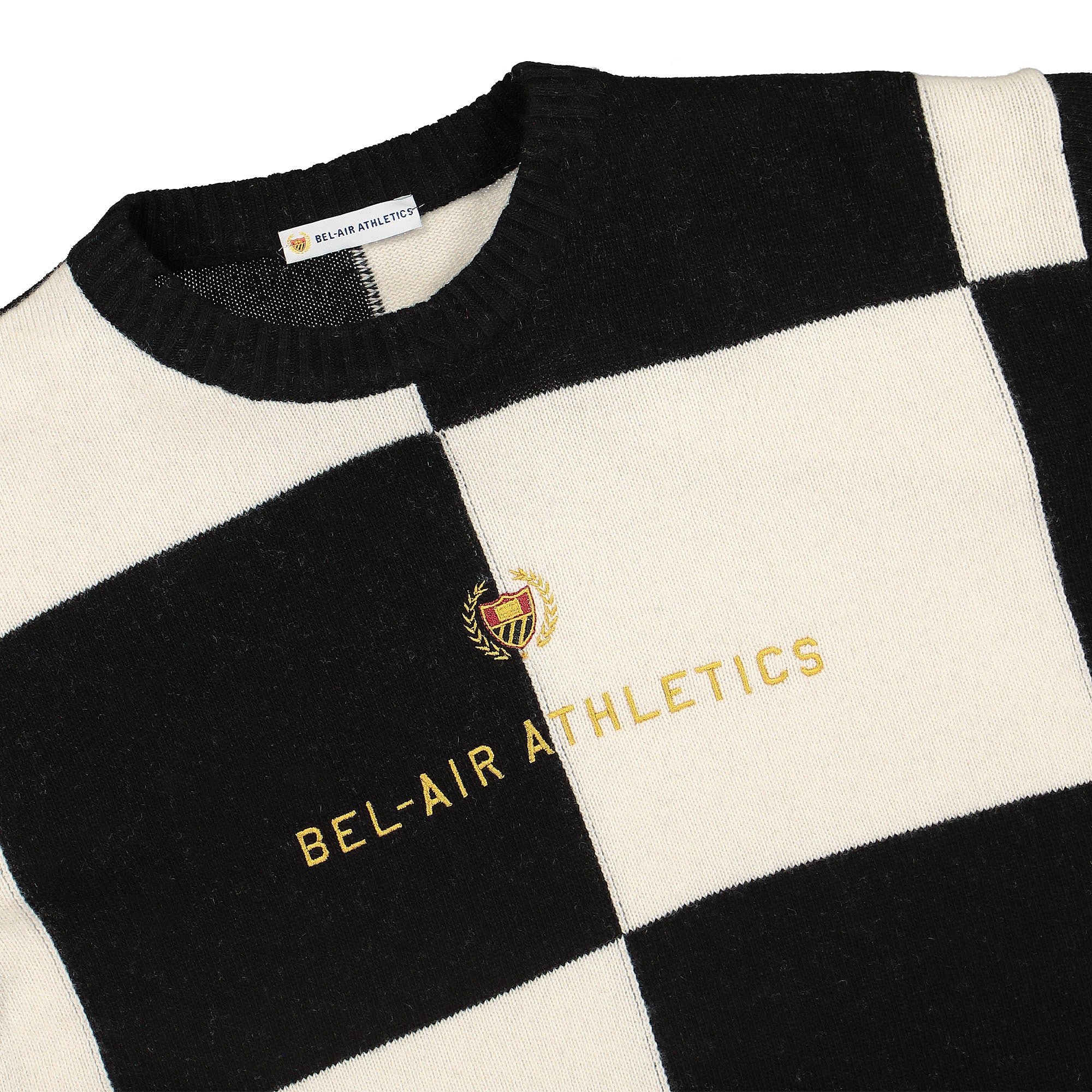 Bel-Air Athletics Colour Block Intarsia Knit Sweater Vintage Black / Notebook White Sweatshirts Close-up | Overkill