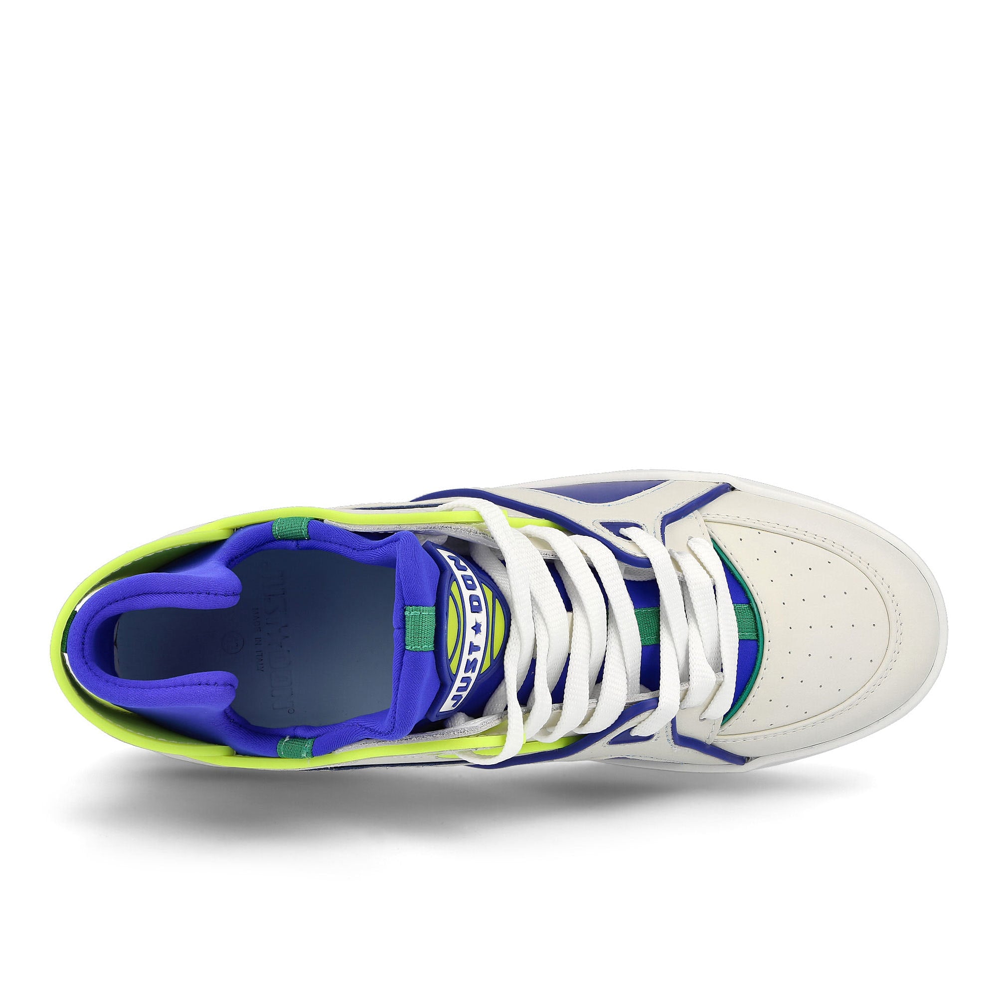 Just Don tennis courtside mid White-Blue-Neon Sneakers Detailfoto | Overkill