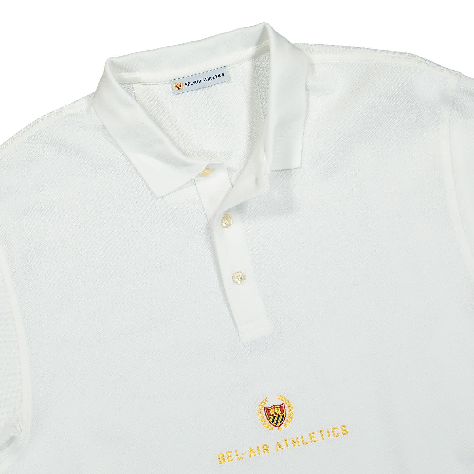 Bel-Air Athletics Embroidered Logo Academy Polo White Polo Shirts Close-up | Overkill