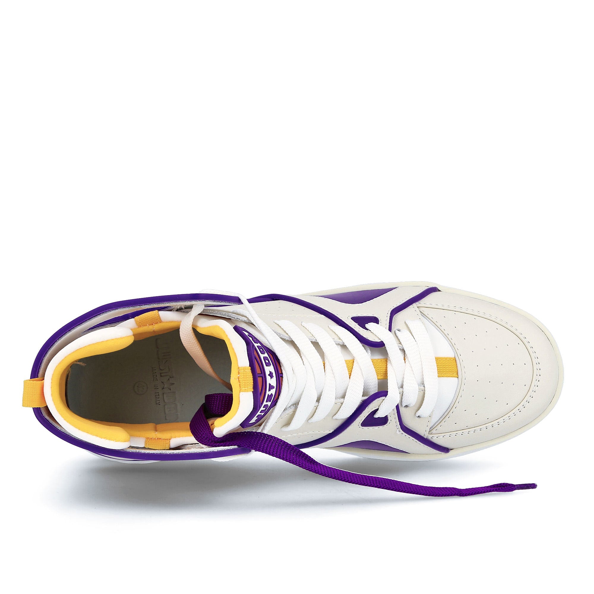 Just Don basketball courtside hi White-Gold-Purple Sneakers Close Up | Overkill