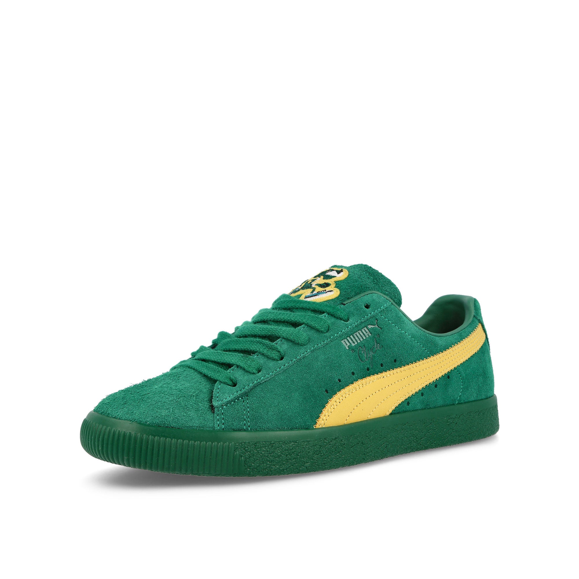 Puma Clyde Super PUMA Evergreen-Sun Ray Yellow Low Top Sneakers Close Up | Overkill