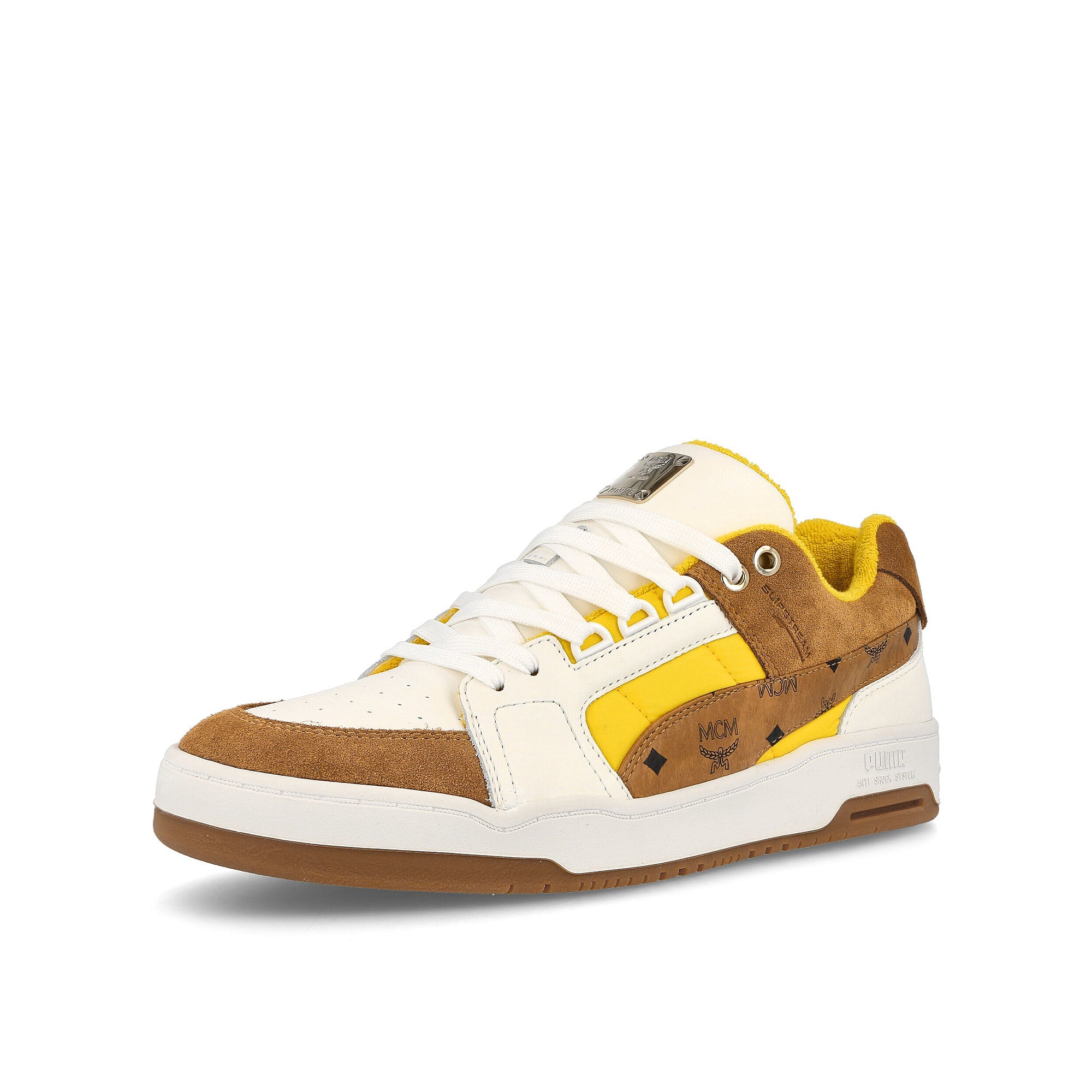 Puma MCM x Puma Slipstream Lo Bright White - Vibrant Yellow Sneakers Close Up | Overkill
