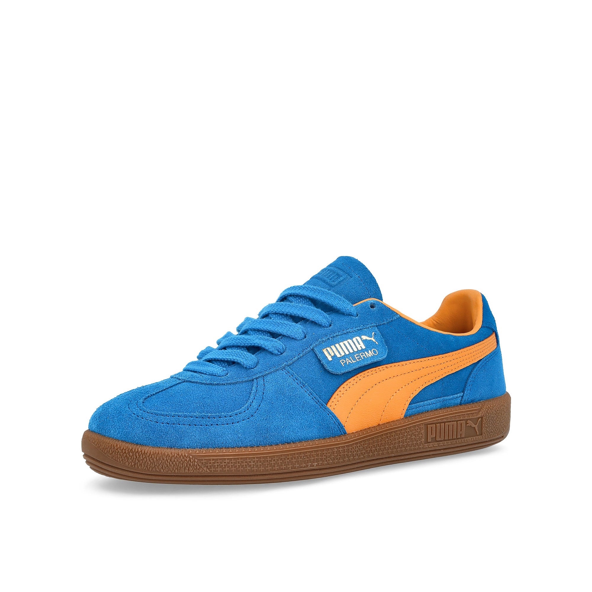 Puma Palermo Ultra Blue - Clementine - Puma Gold Low Top Sneakers Close Up | Overkill