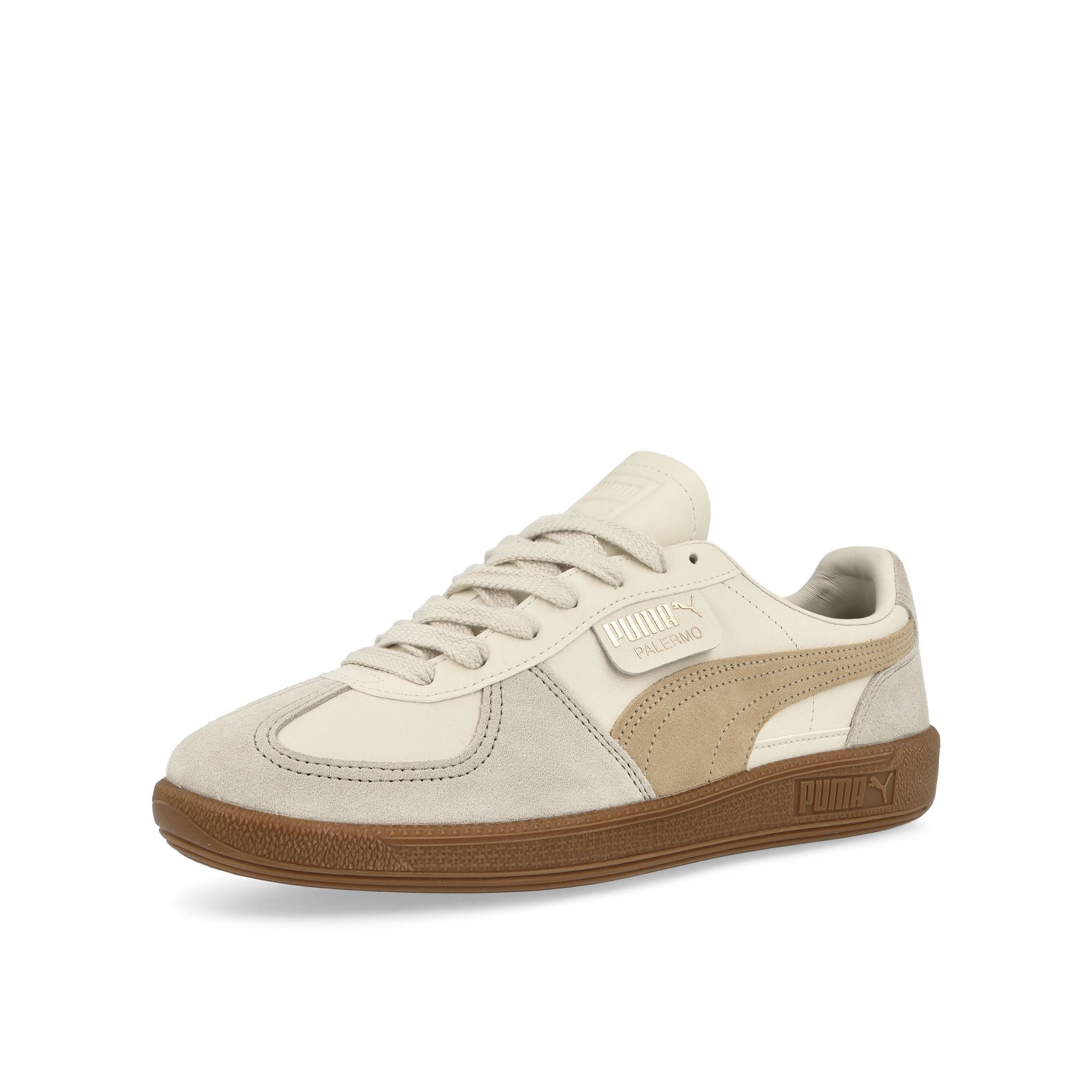 Puma Palermo Leather Alpine Snow - Desert Dust - Gum Low Top Sneakers Close Up | Overkill