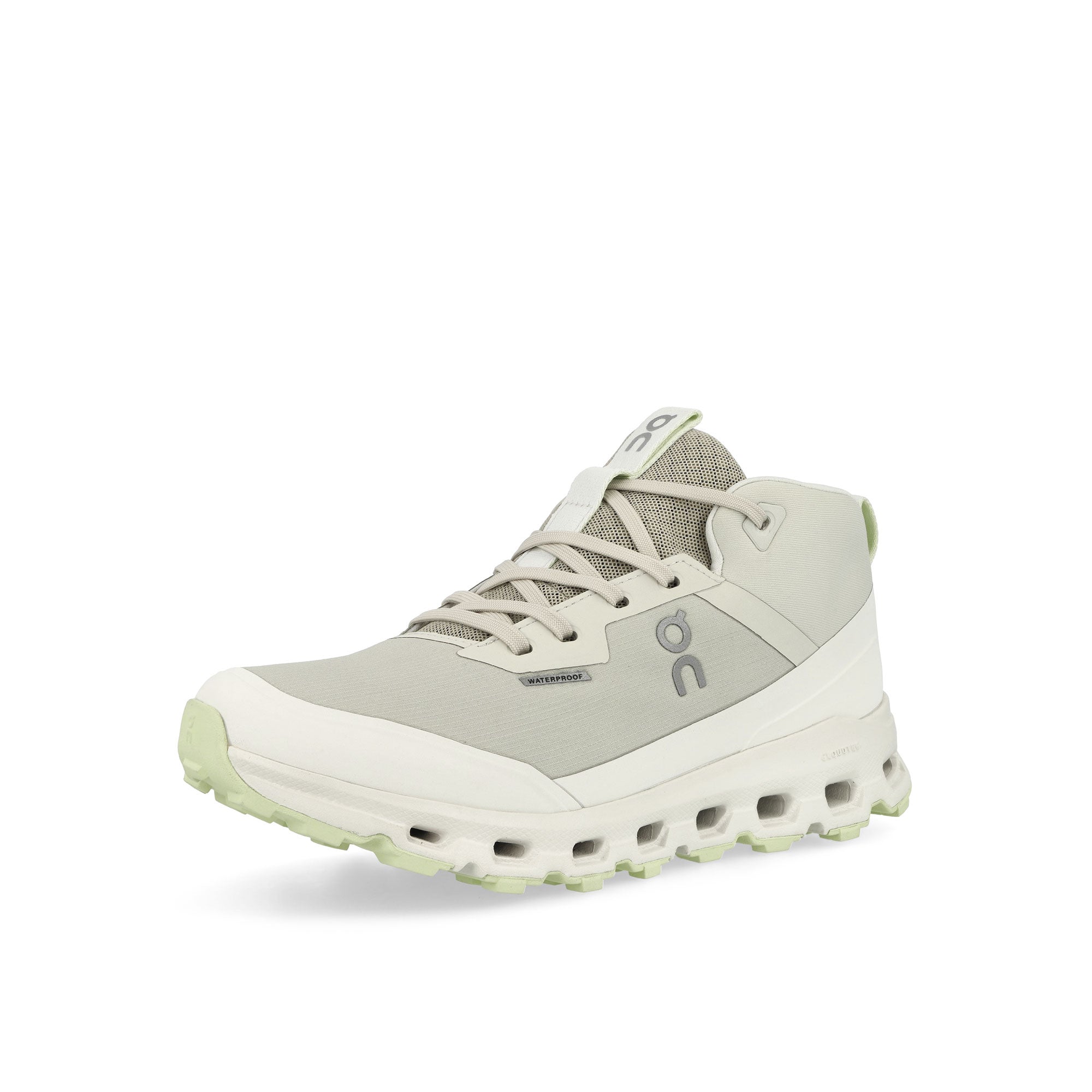 On Cloudroam Waterproof Ice / Limelight Mid Top Sneakers Close Up | Overkill