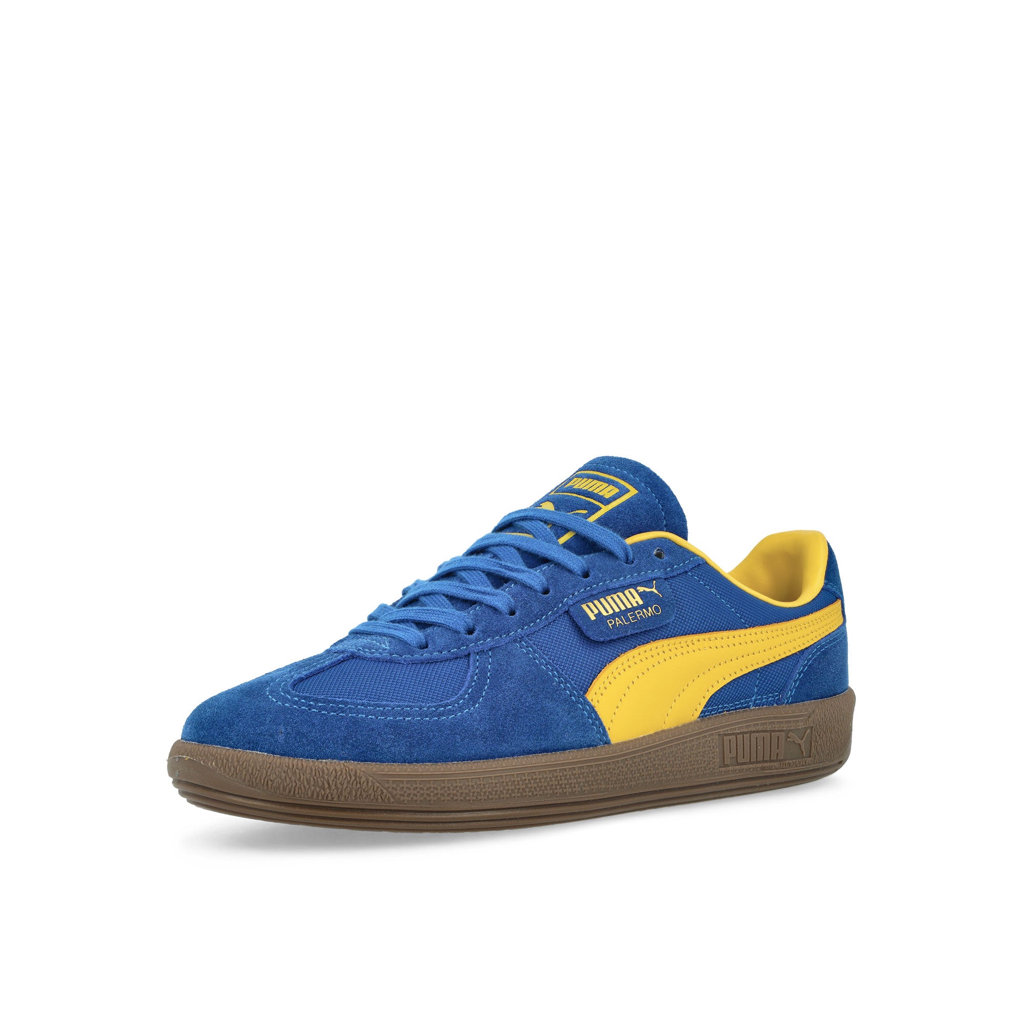 Puma Palermo Vintage Update Vivid Blue / Sunny Yellow Low Top Sneakers Close Up | Overkill
