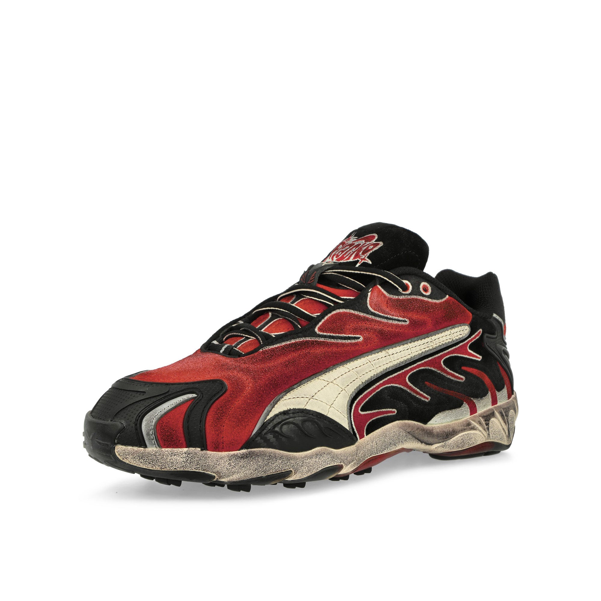 Puma Inhale Distressed Puma Black - Pop Red Low Top Sneakers Close Up | Overkill