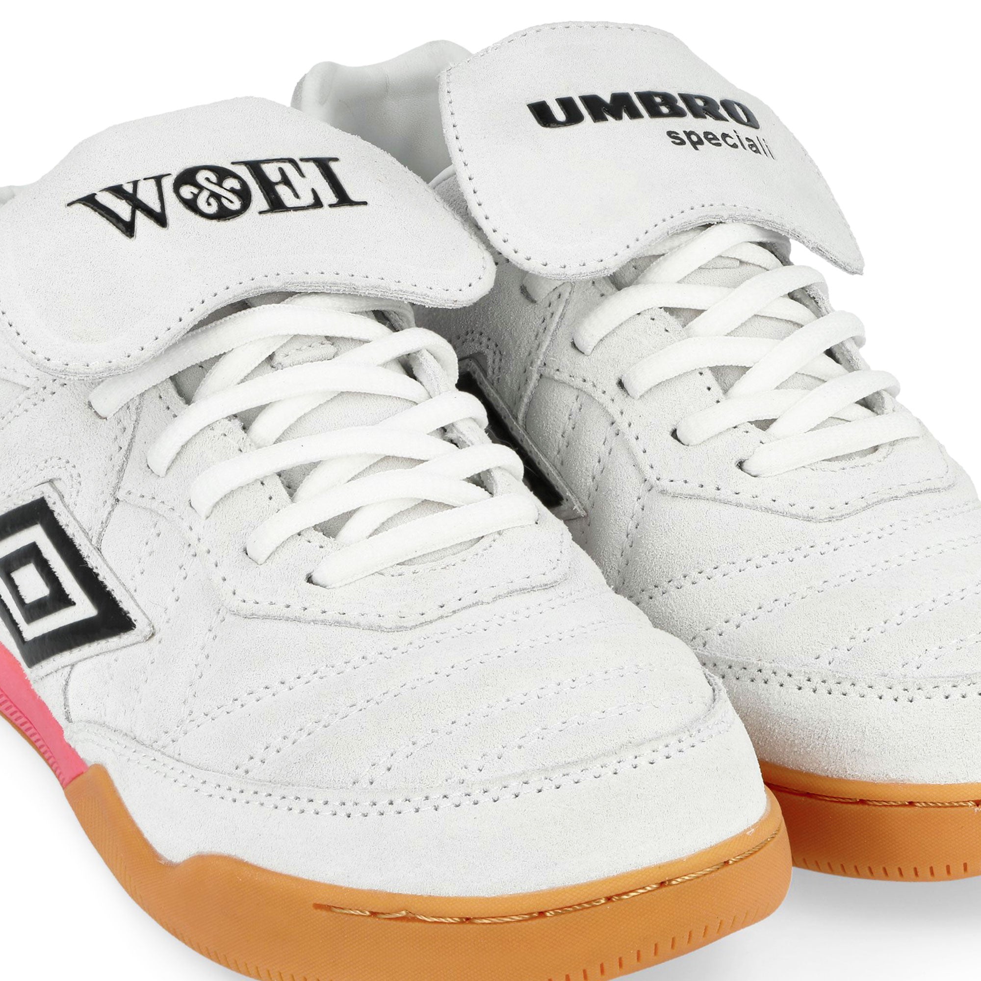 Woei x Umbro Speciali TR Suede White / Black / Light Pink / Light Blue Low Top Sneakers 45574U-NU6 Close-up | Overkill