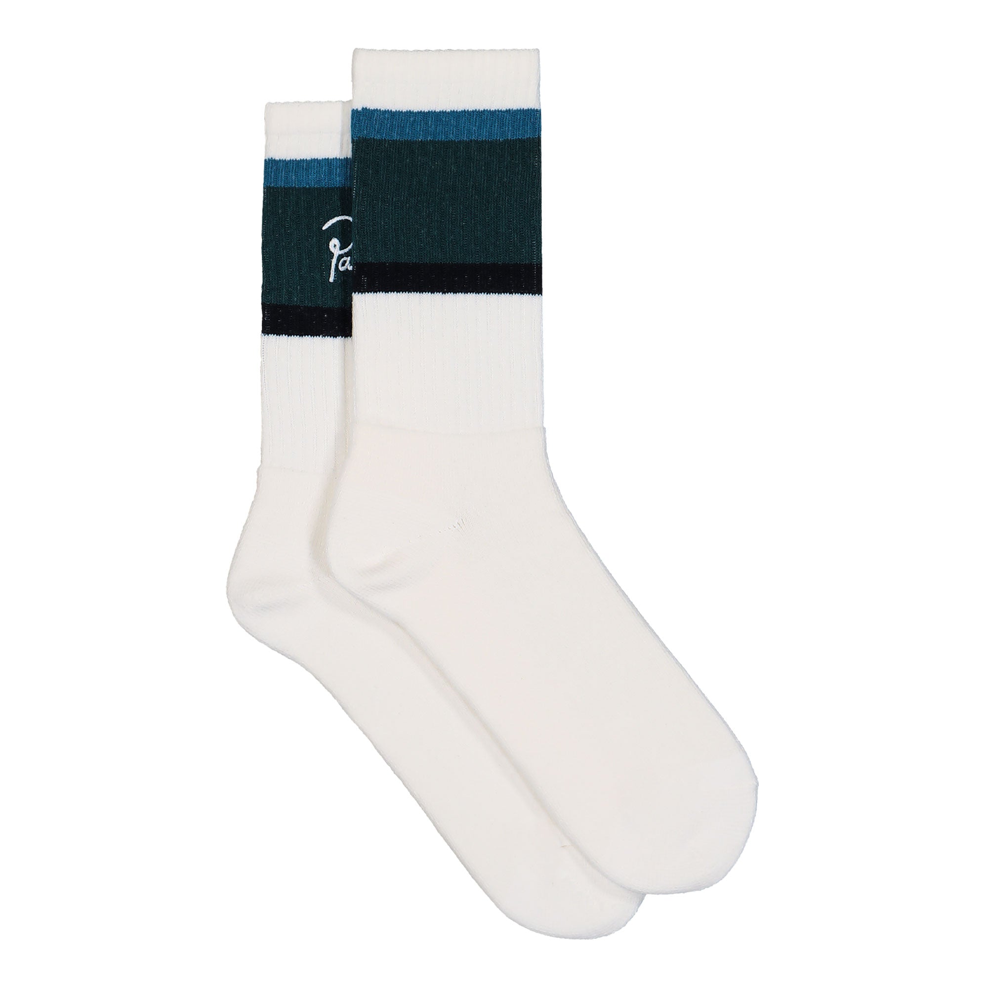 Parra Signature Striped Crew Socks White / Mallard Green Socks 54175 Close-up | Overkill