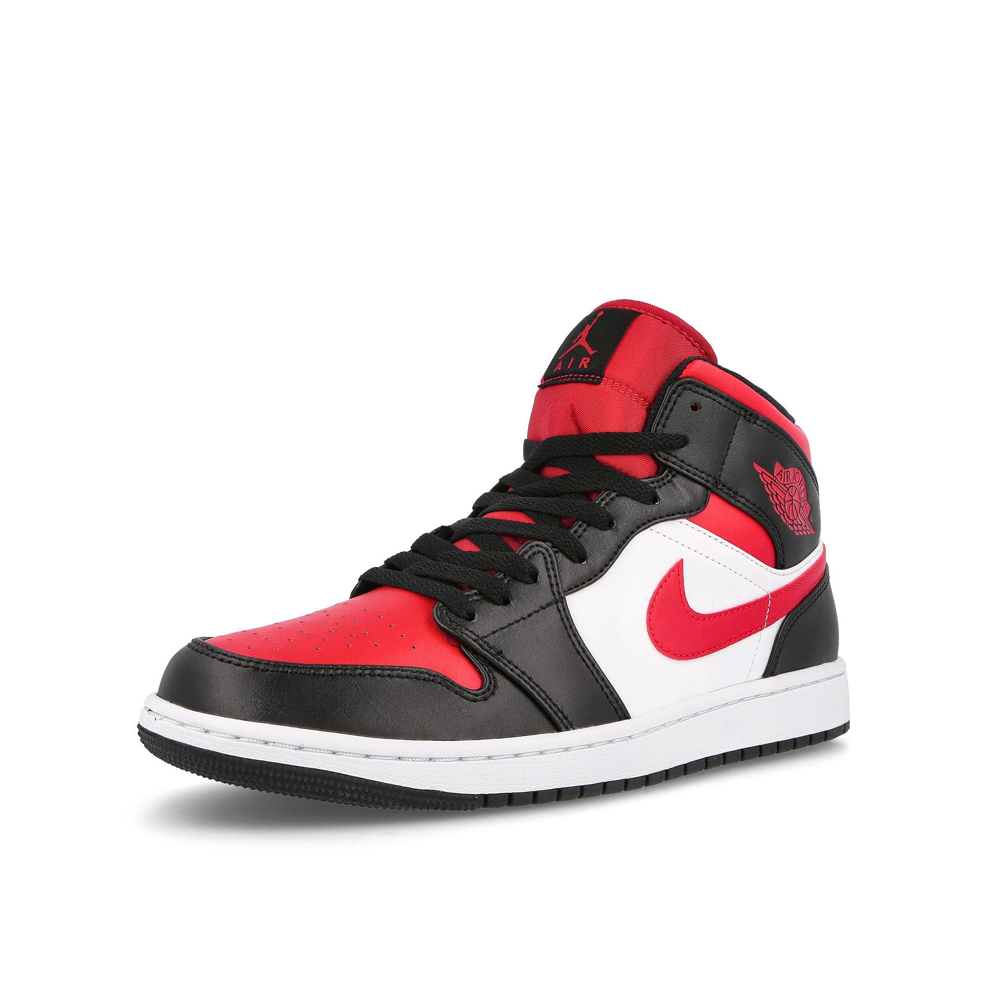 Jordan Air Jordan 1 Mid Black / Fire Red - White Mid Top Sneakers Close Up | Overkill